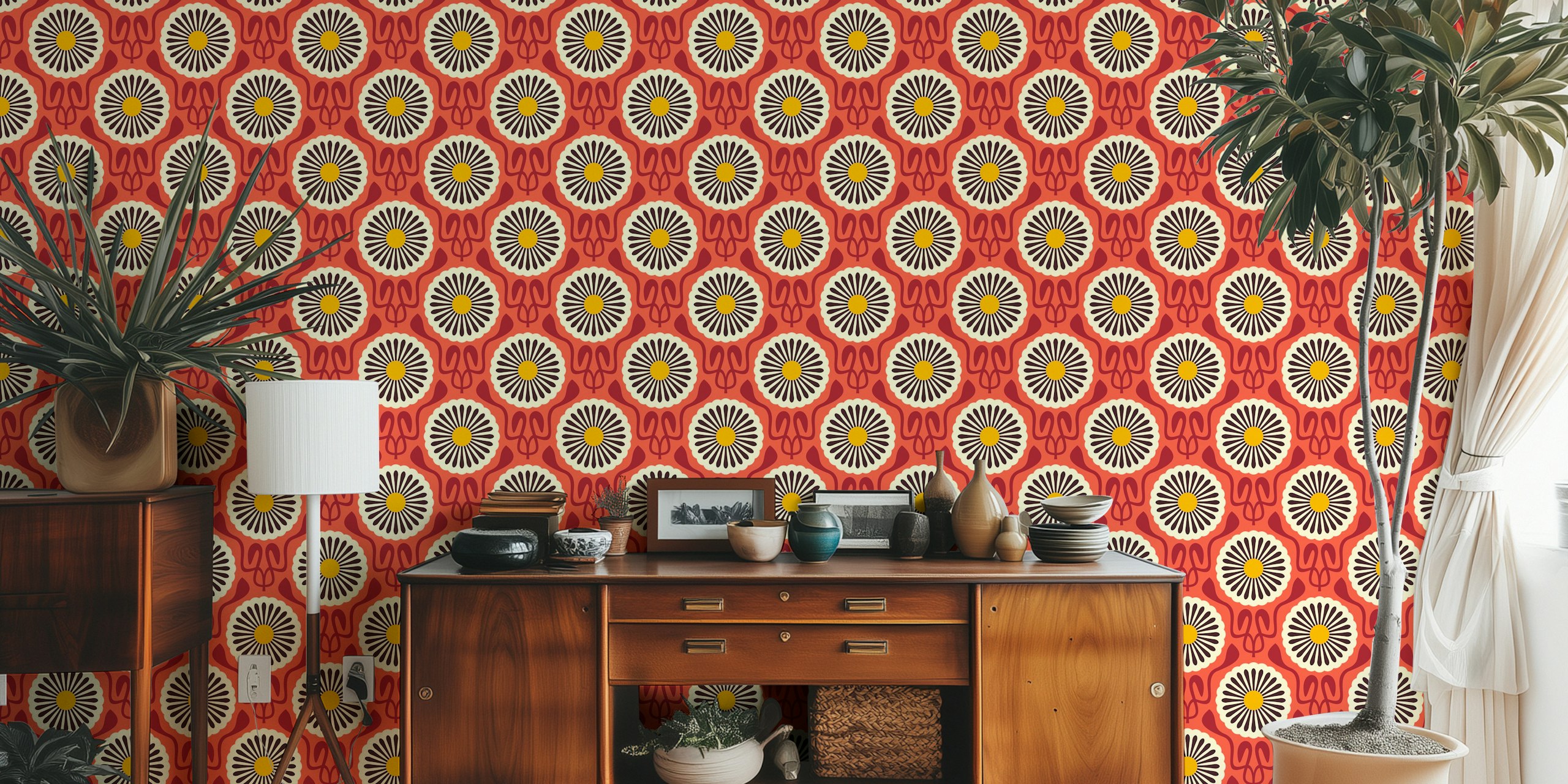 Bold floral pattern in red, yellow, and cream colors wallpaper