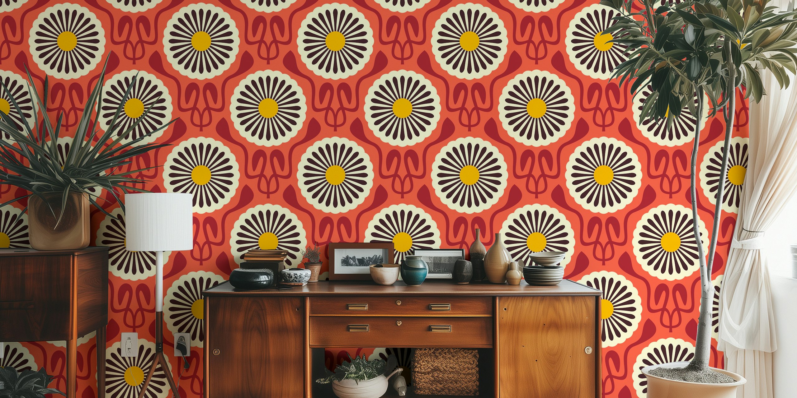 Chic Daisy Delight in Red Yellow wallpaper in a room
