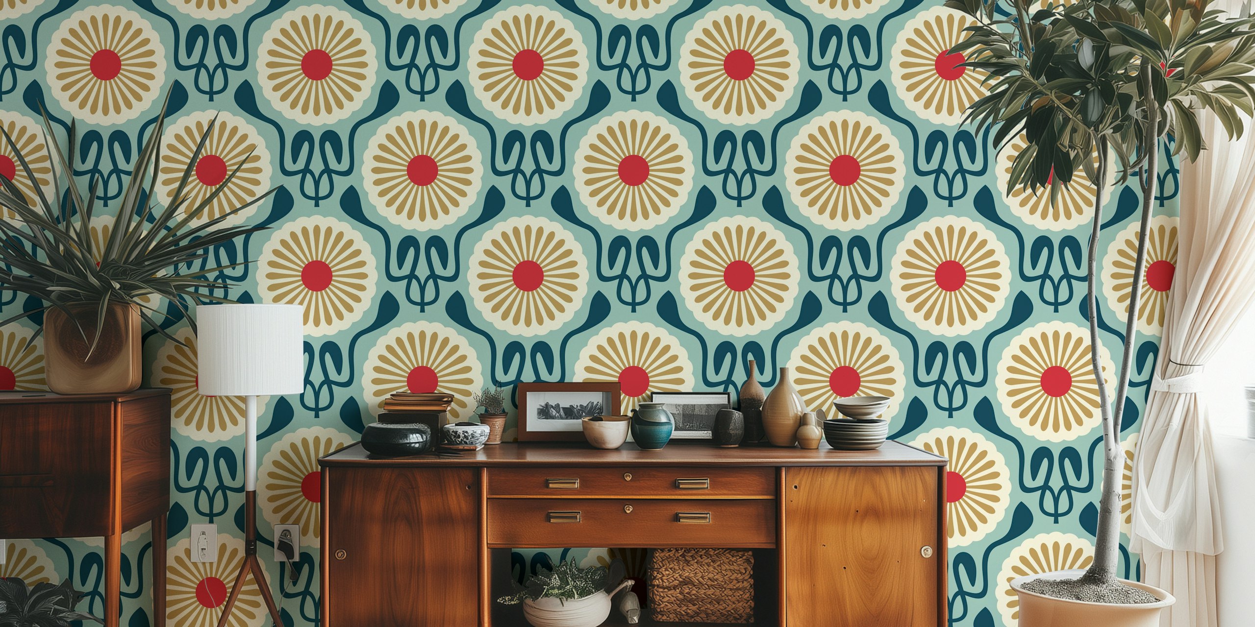Chic Daisy Delight in Teal Gold wallpaper in a room
