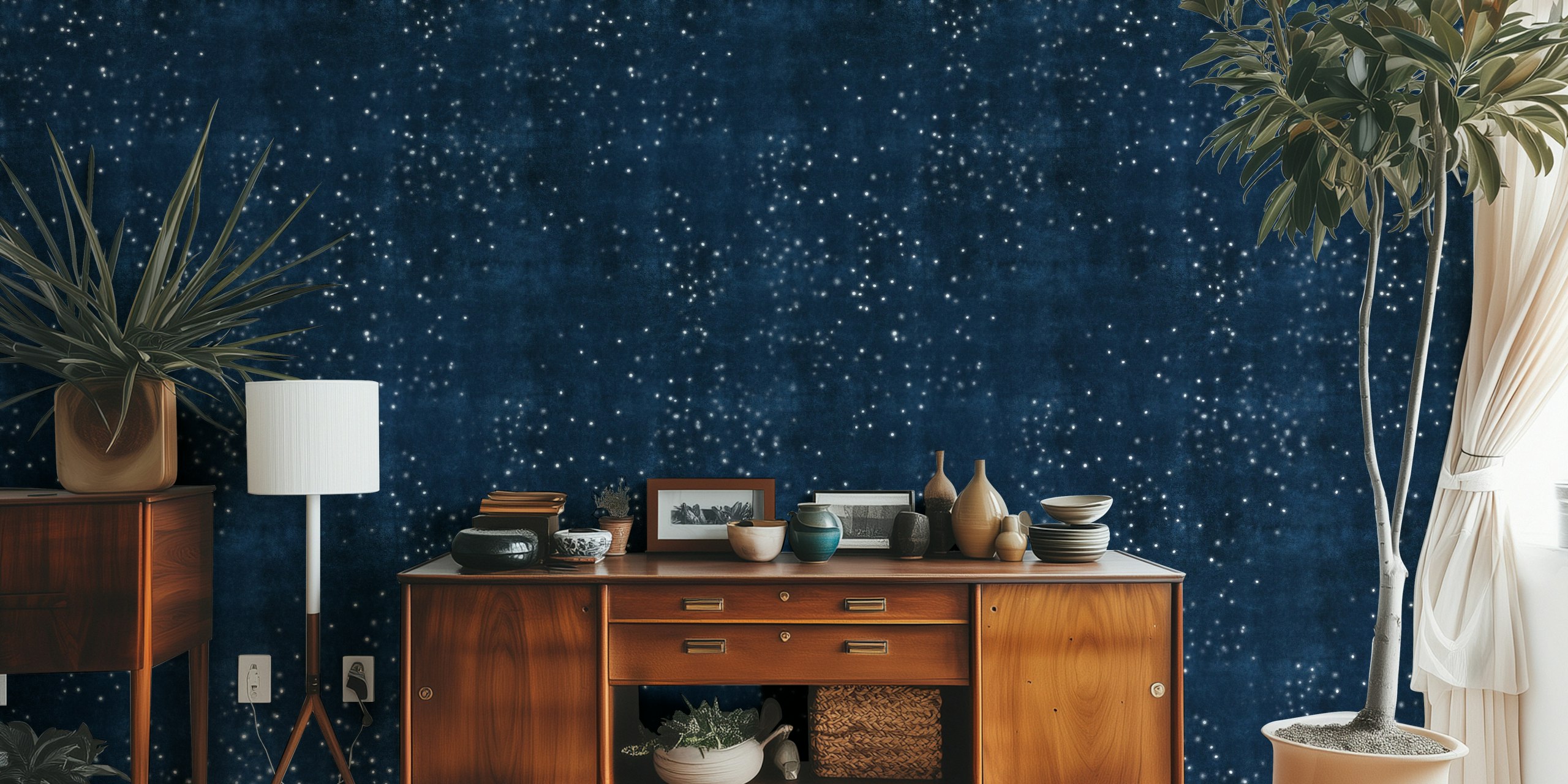 Navy starry night wallpaper with white flecks, celestial style