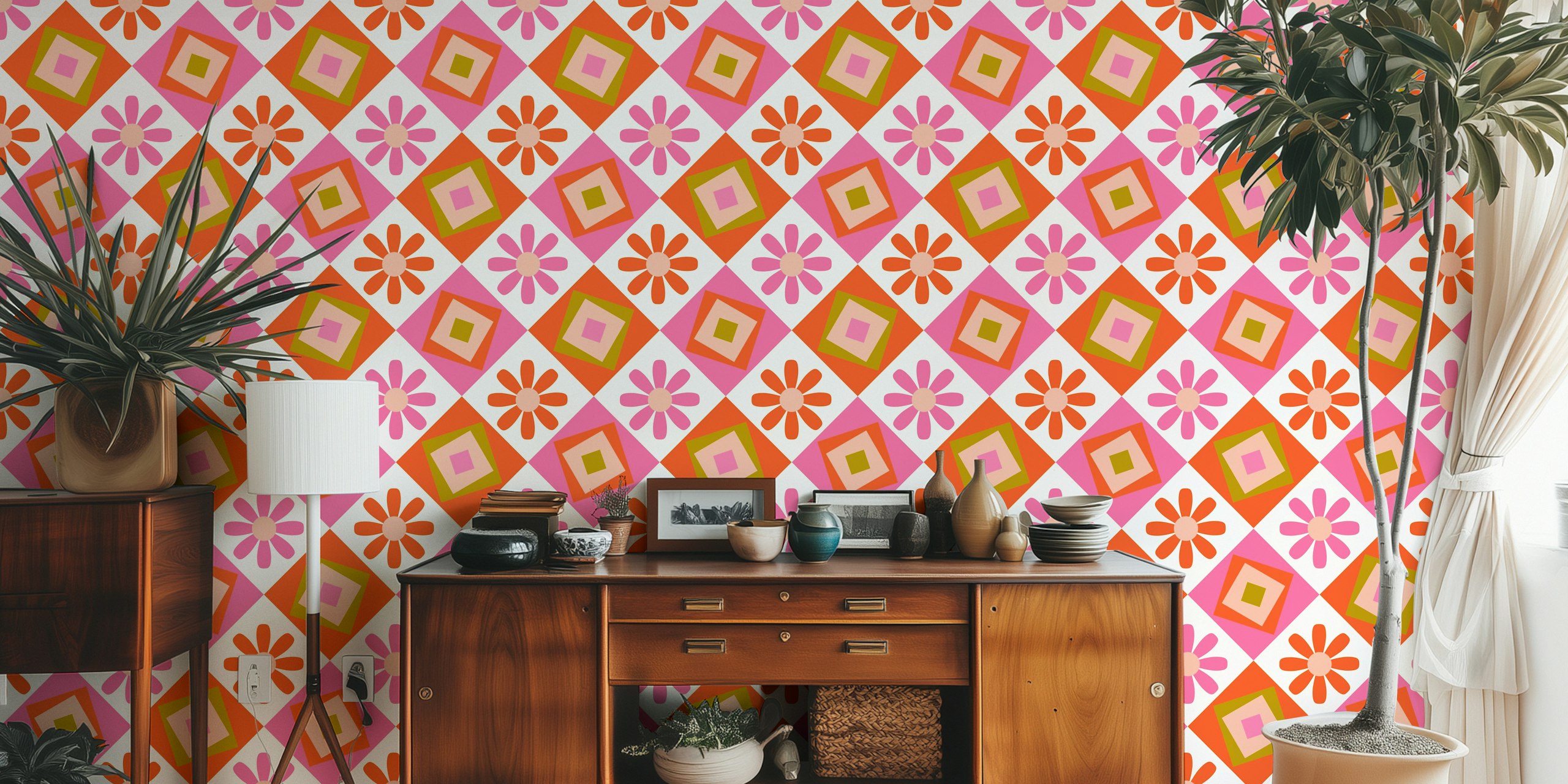 70s geometric wallpaper in pink and orange colors