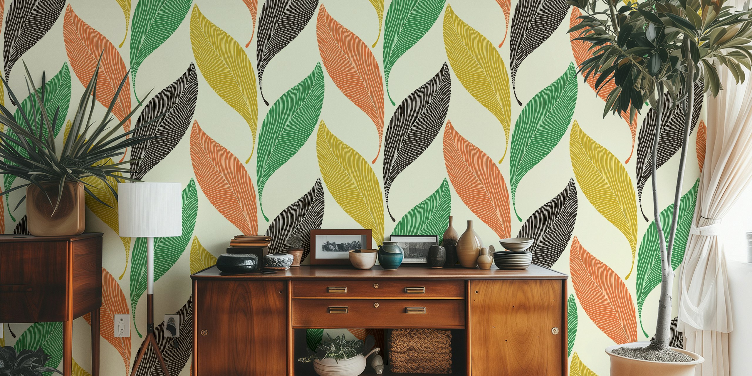 Värikäs Chevron Leaves-tapetti huoneessa