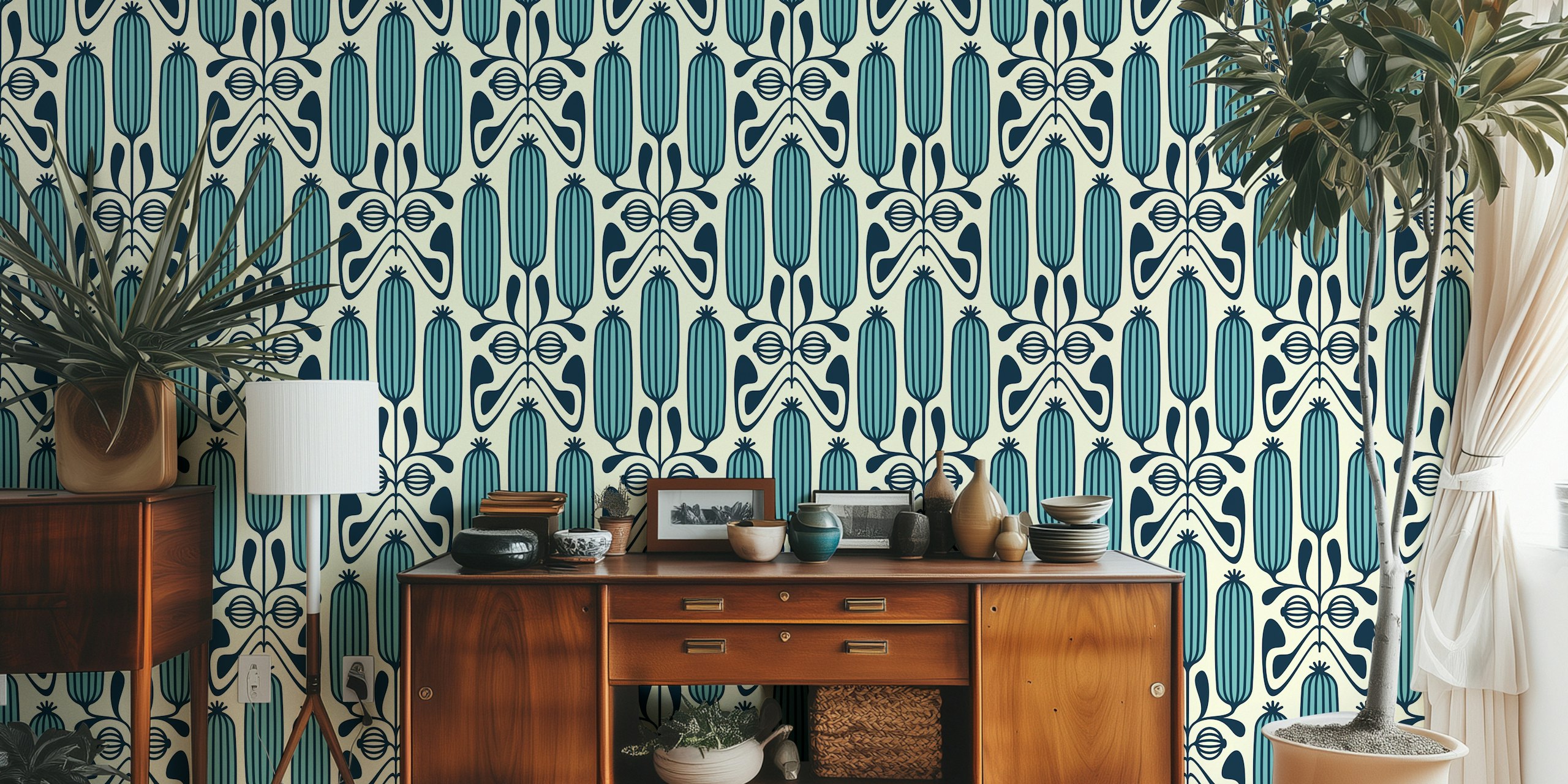 Ornate Floral Cucumbers in Blue wallpaper in a room