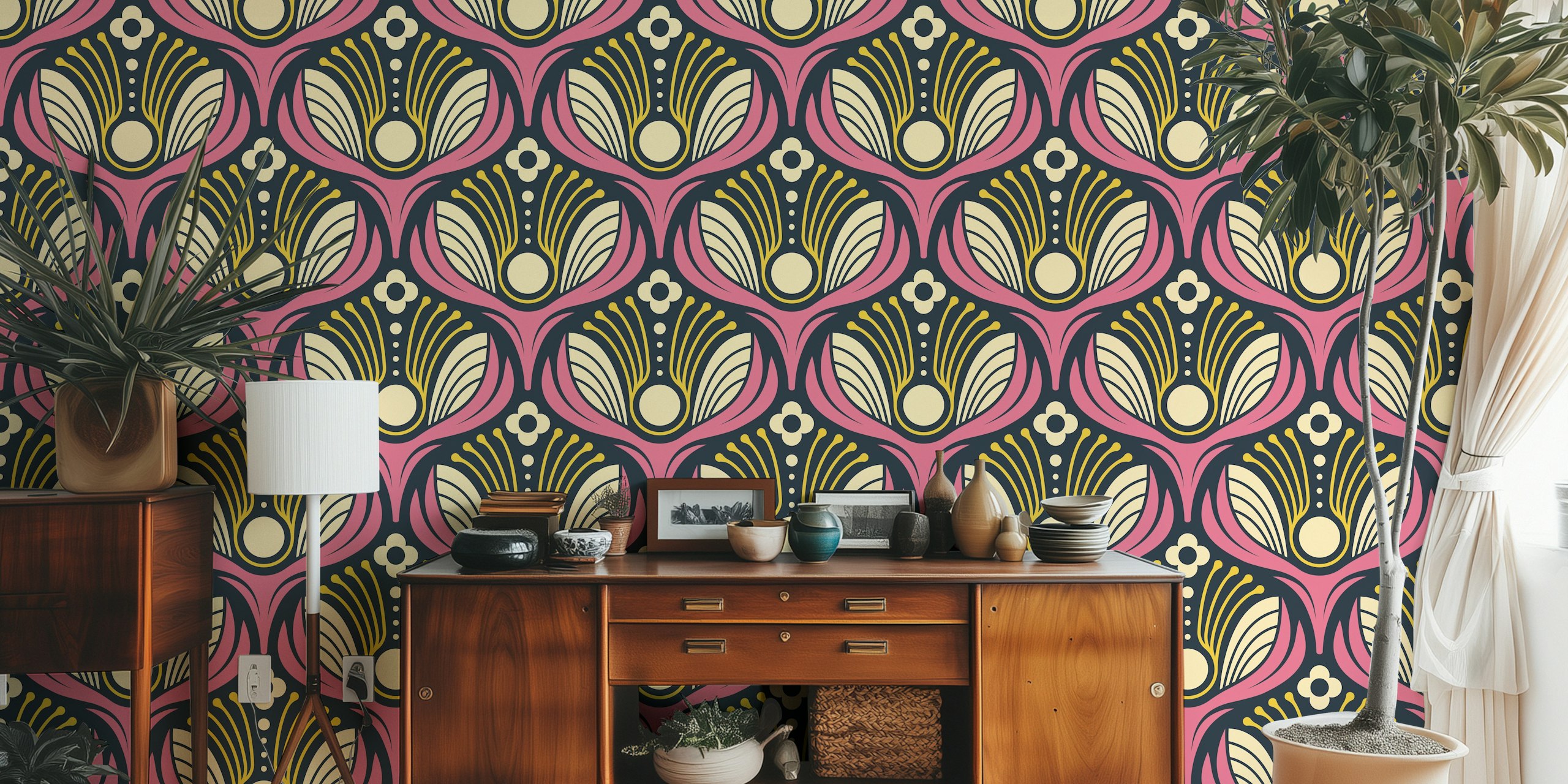 Ταπετσαρία Art Deco Floral in Pink σε ένα δωμάτιο