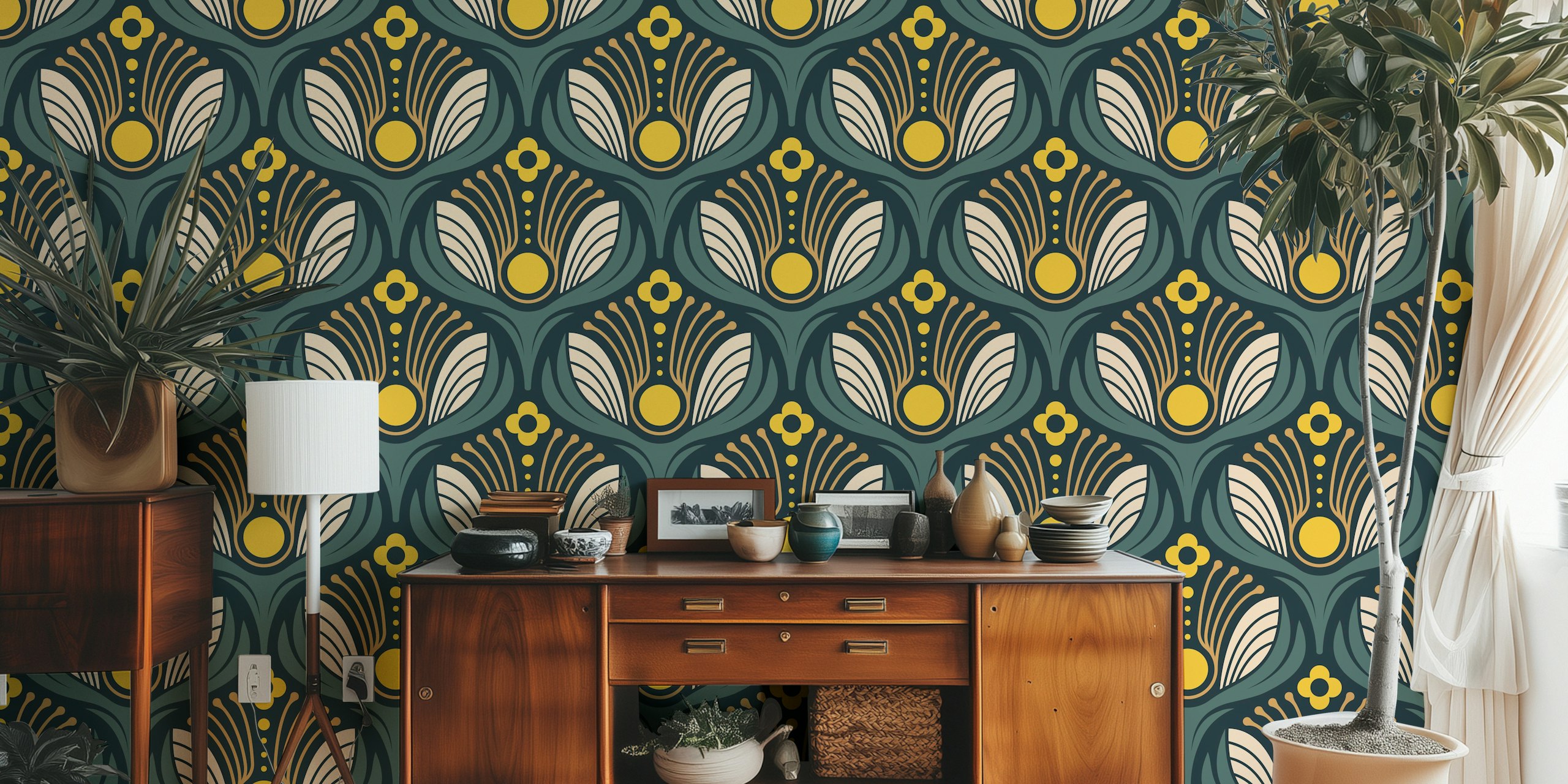 Art Deco Floral in Green Yellow design di carta da parati
