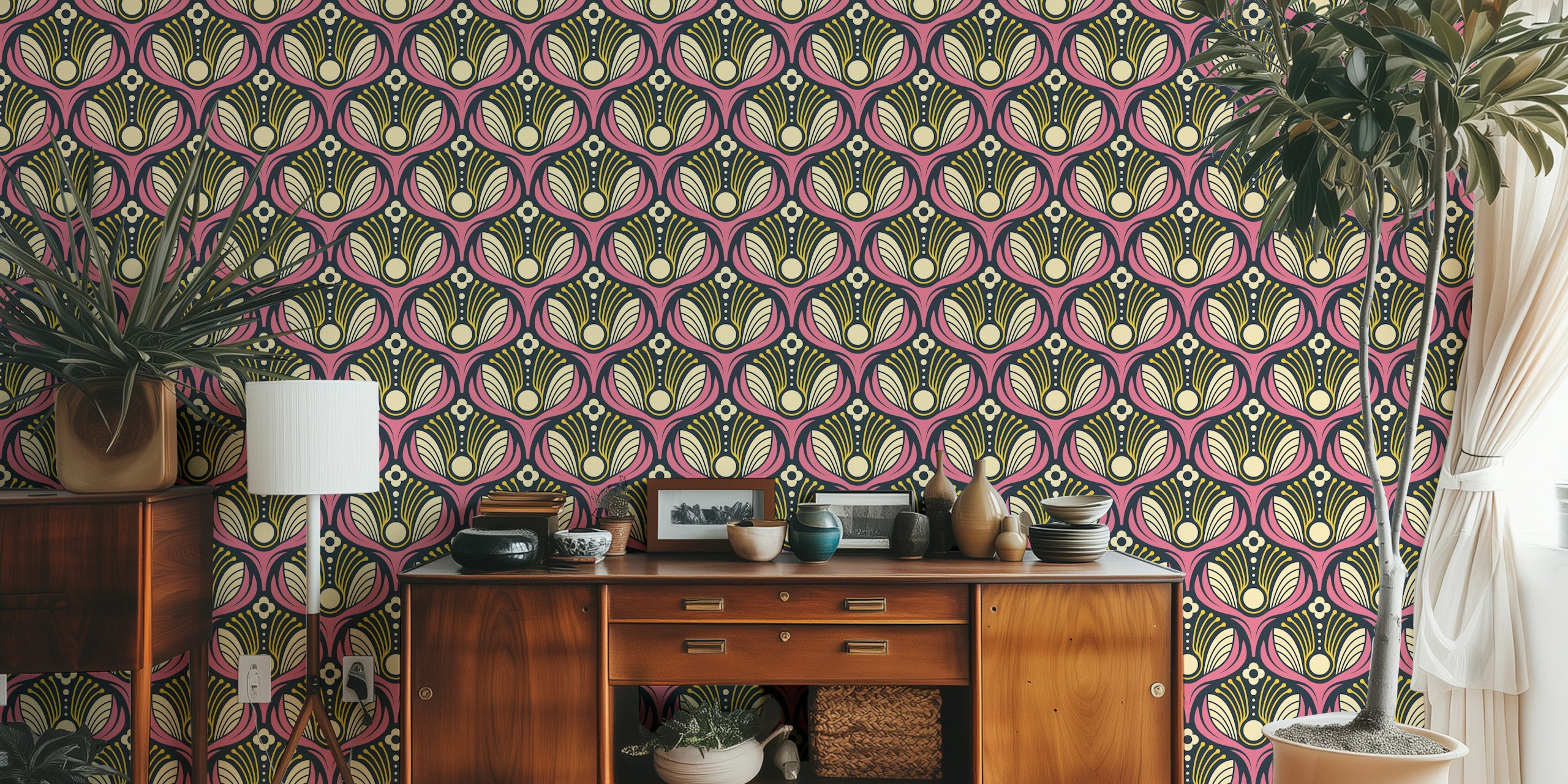 Art Deco Floral in Pink wallpaper in a room