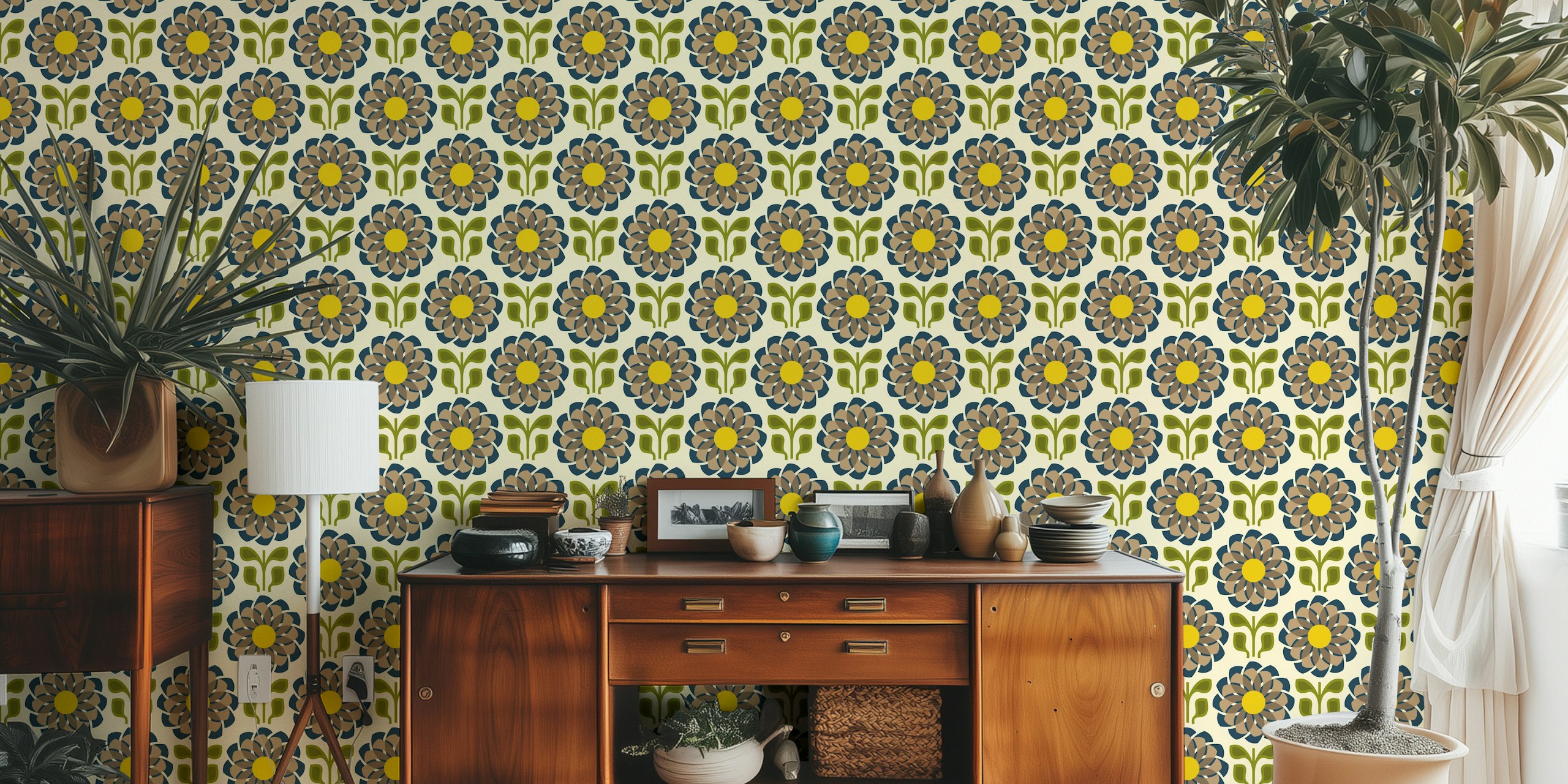 Geometric Flower Fusion in Brown Green - S tapet i ett rum