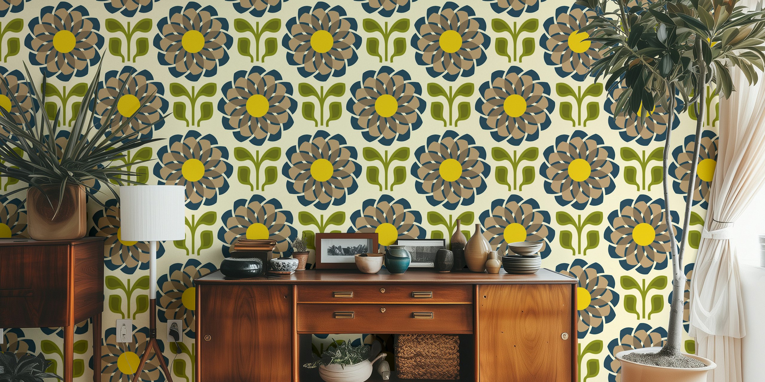 Geometric Flower Fusion in Brown Green - S tapeta w pomieszczeniu