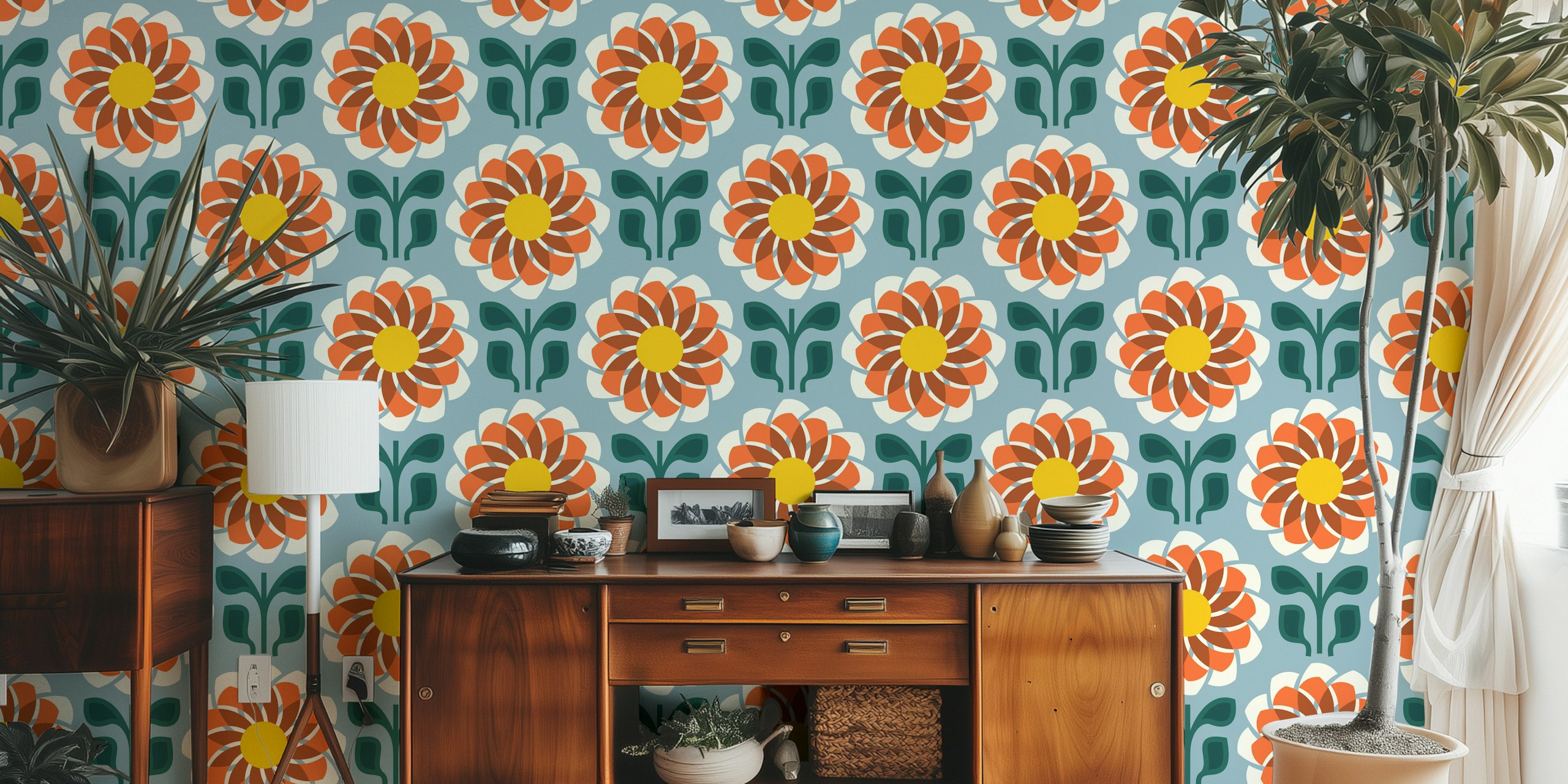 Geometric Flower Fusion in Brown Green - S papel pintado en una habitación