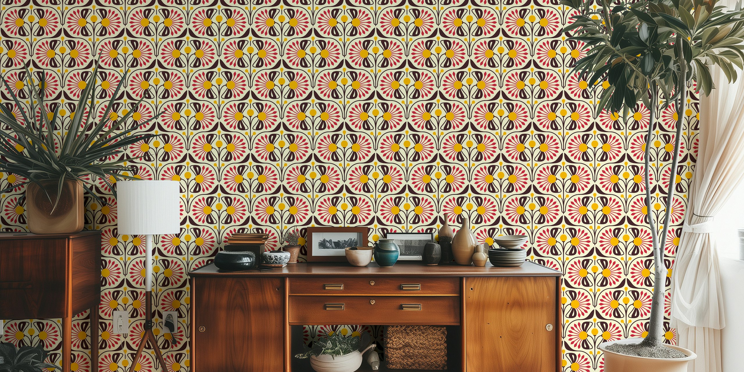 Retro Blossom Delight wallpaper i et rum