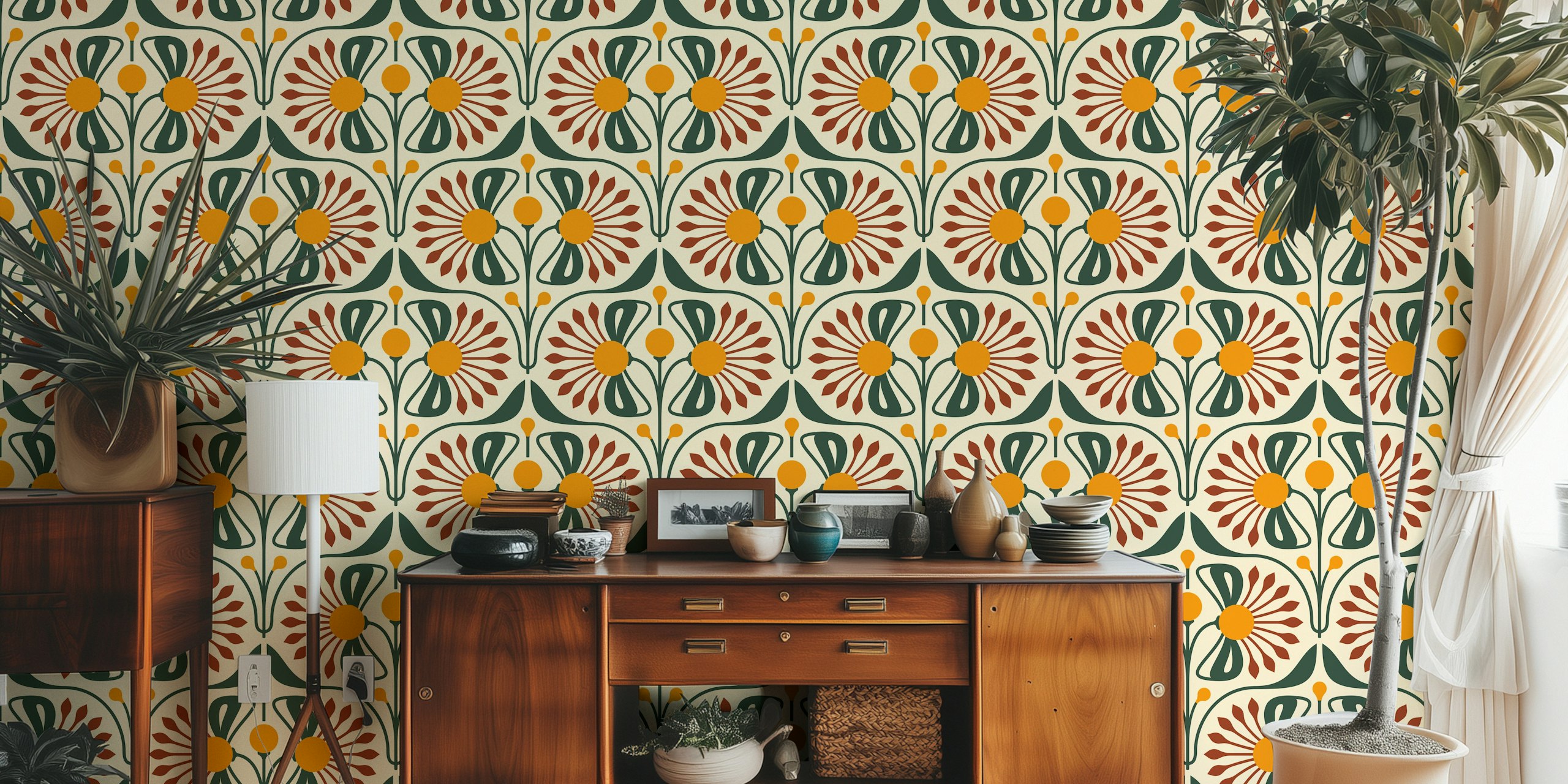 Retro Blossom Delight floral tapet i ett rum