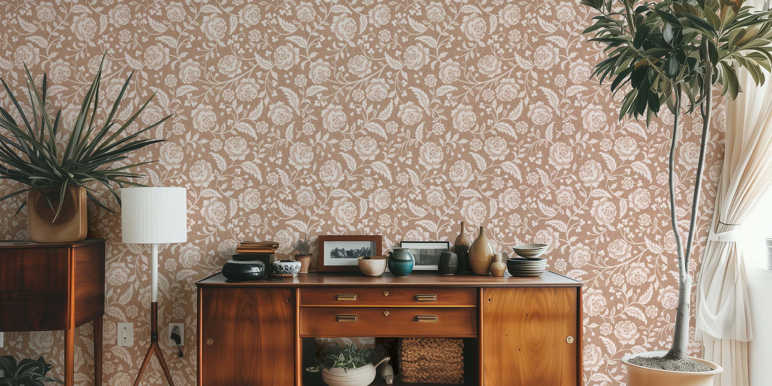 Romantic Rococo Ornate Chintz Floral Wallpaper in a room