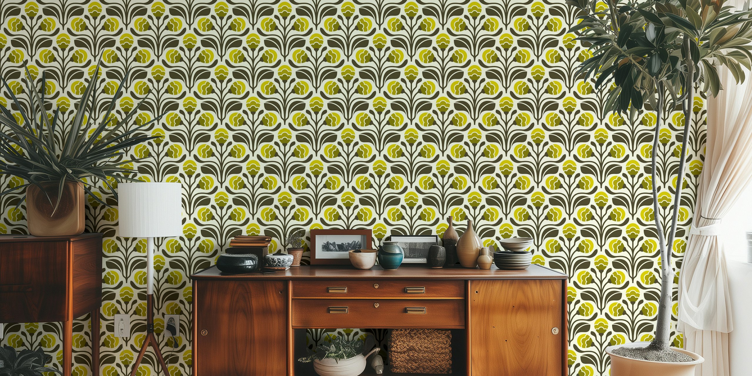 Retro floral buds in green and yellow on cream wallpaper