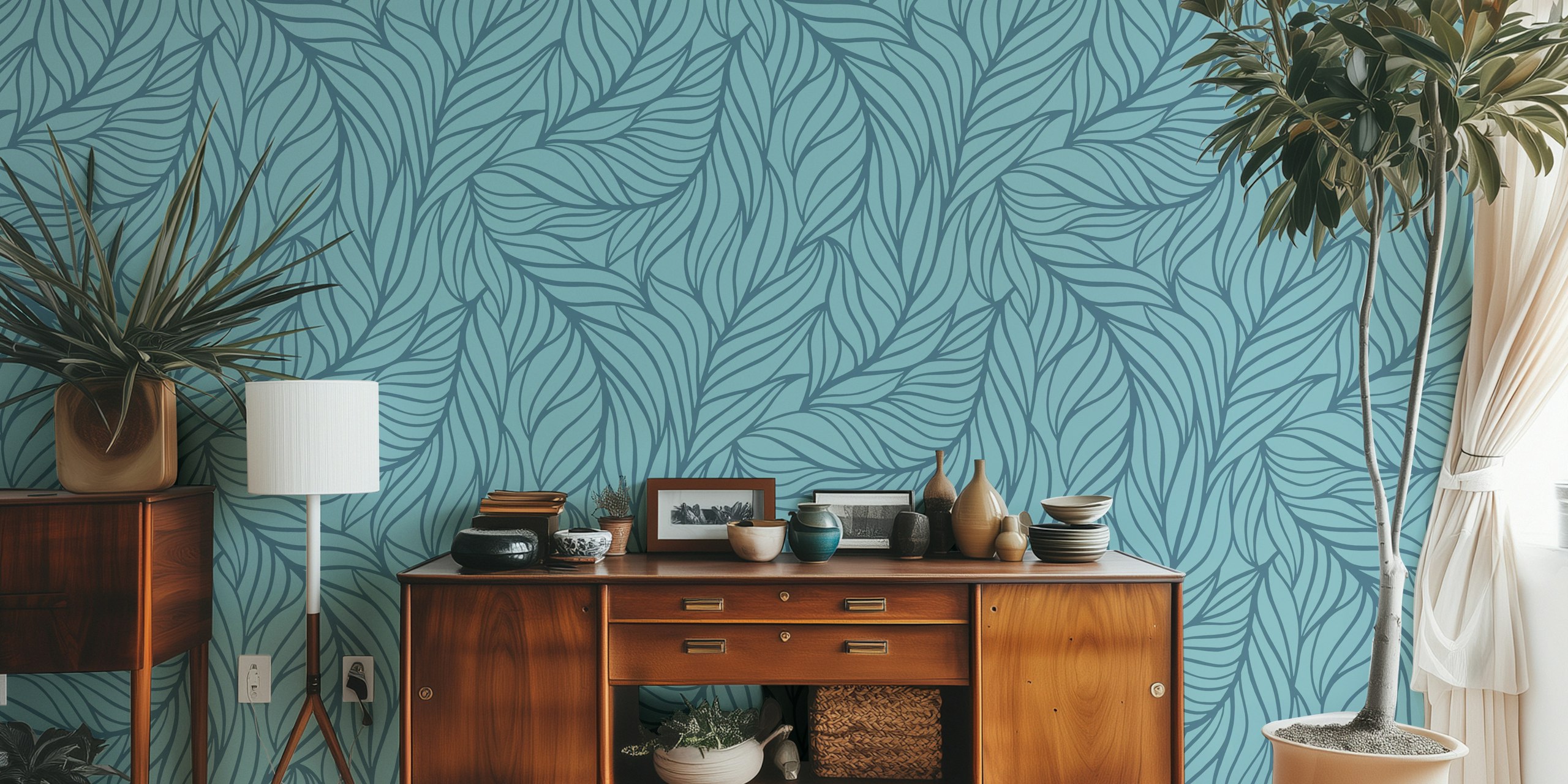 Flowing leaf pattern in blue on wallpaper