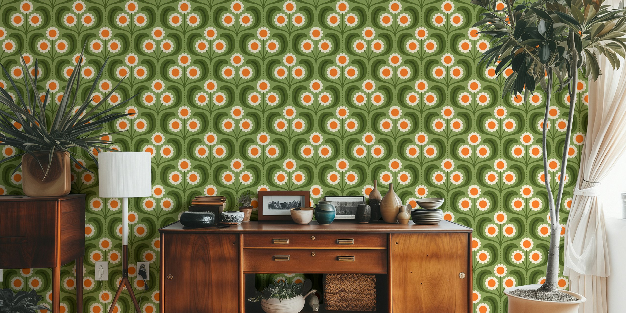Retro floral design with green background and orange daisy flowers wallpaper