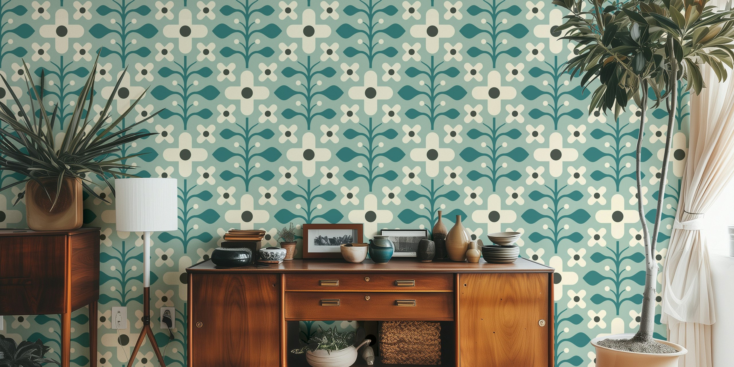 Geometric Flower Harmony in Teal papier peint dans une pièce