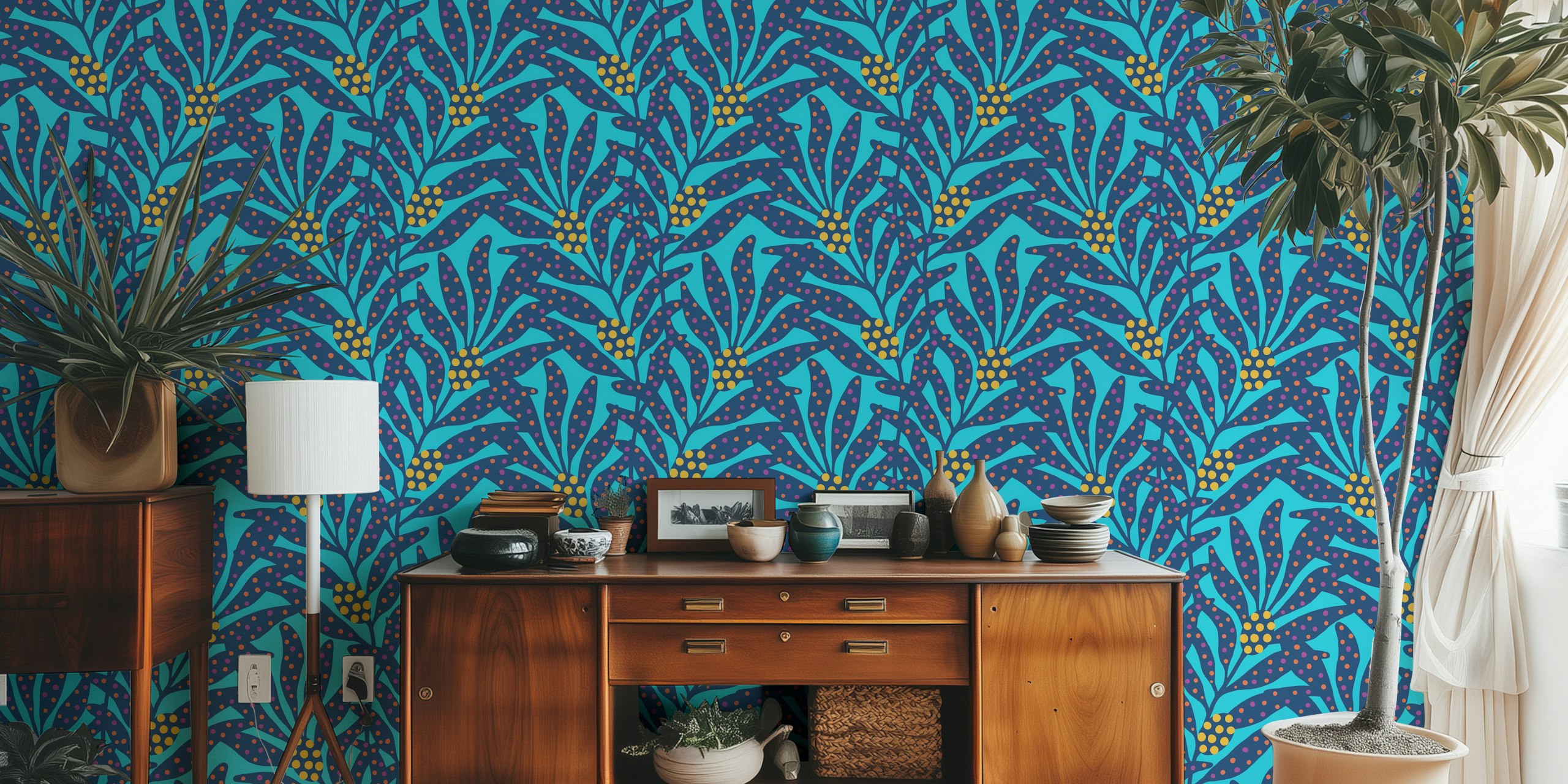 Bright blue wallpaper with olive branches and yellow polka dots, floral design wallpaper