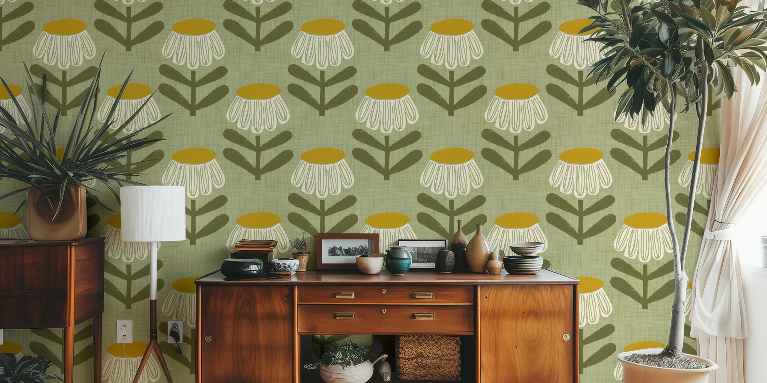 Retro Floral Sage wallpaper design