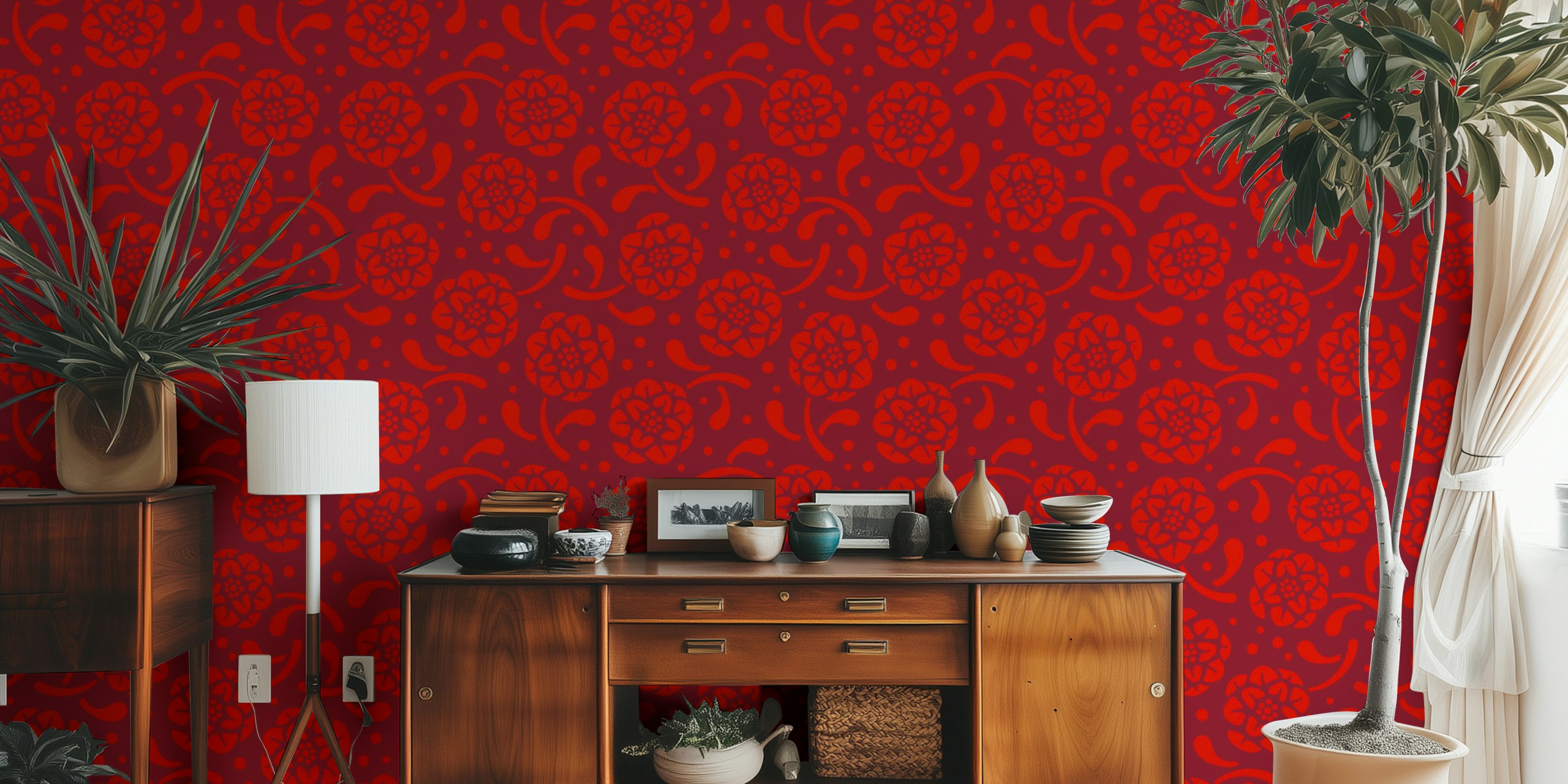 Red floral pattern with swirling designs on a cherry red background wallpaper