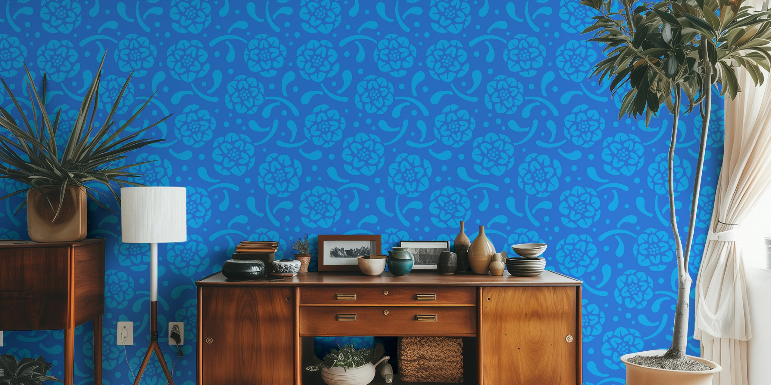 Dolce Block Print Retro Floral Sapphire Blue wallpaper image