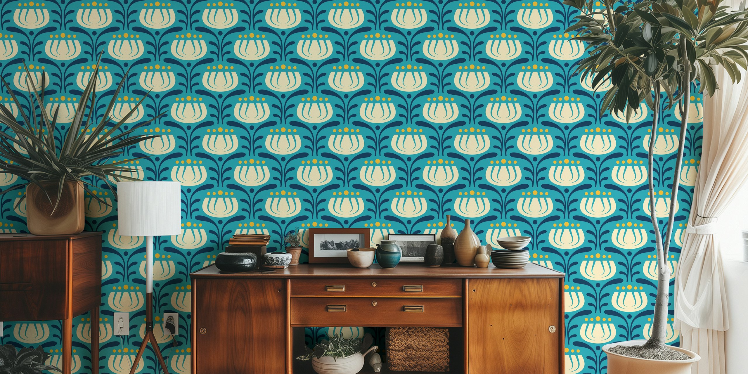 Vintage tulip flowers in cream and yellow on blue wallpaper