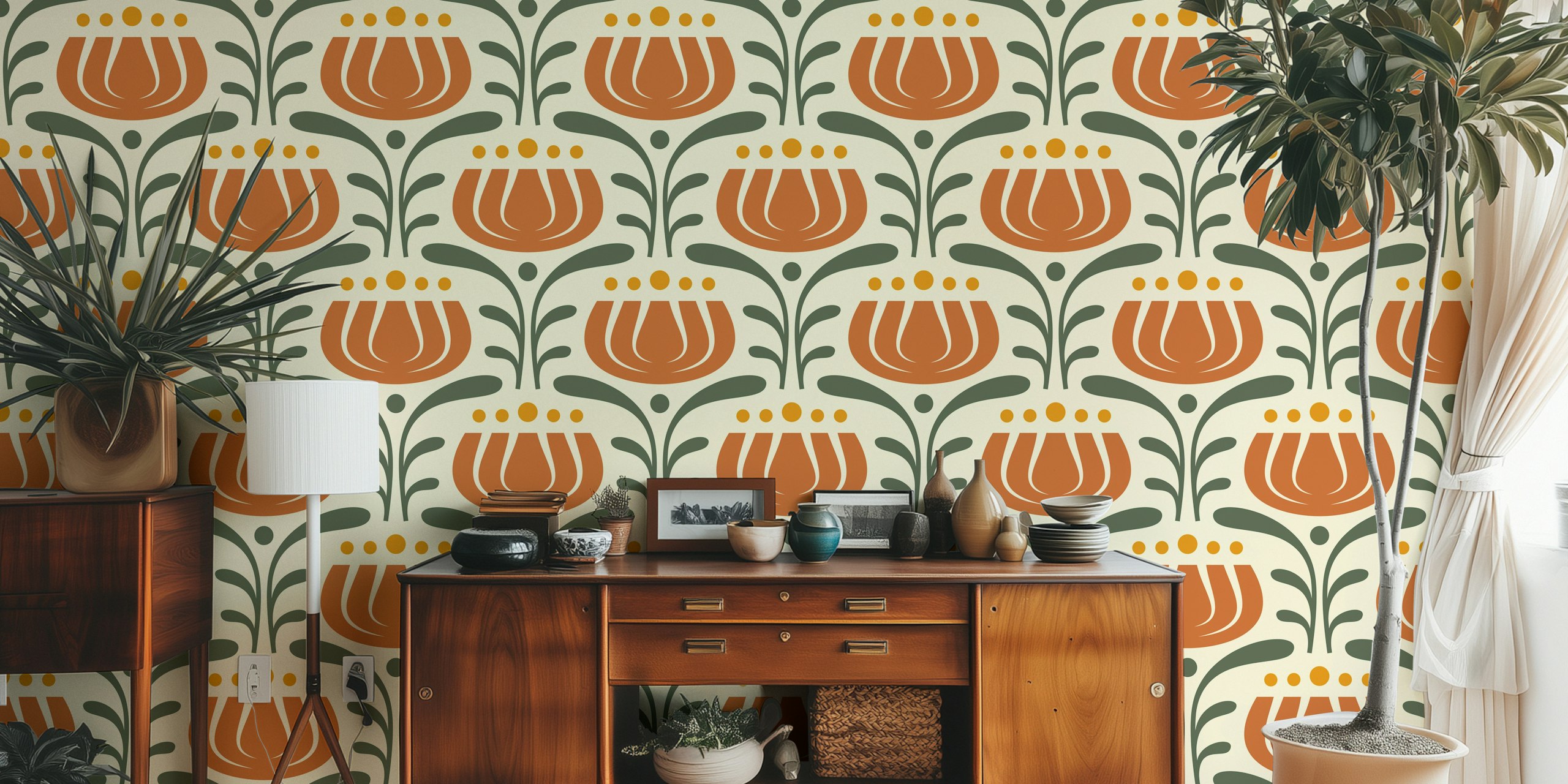Stylish vintage tulips wallpaper in a room