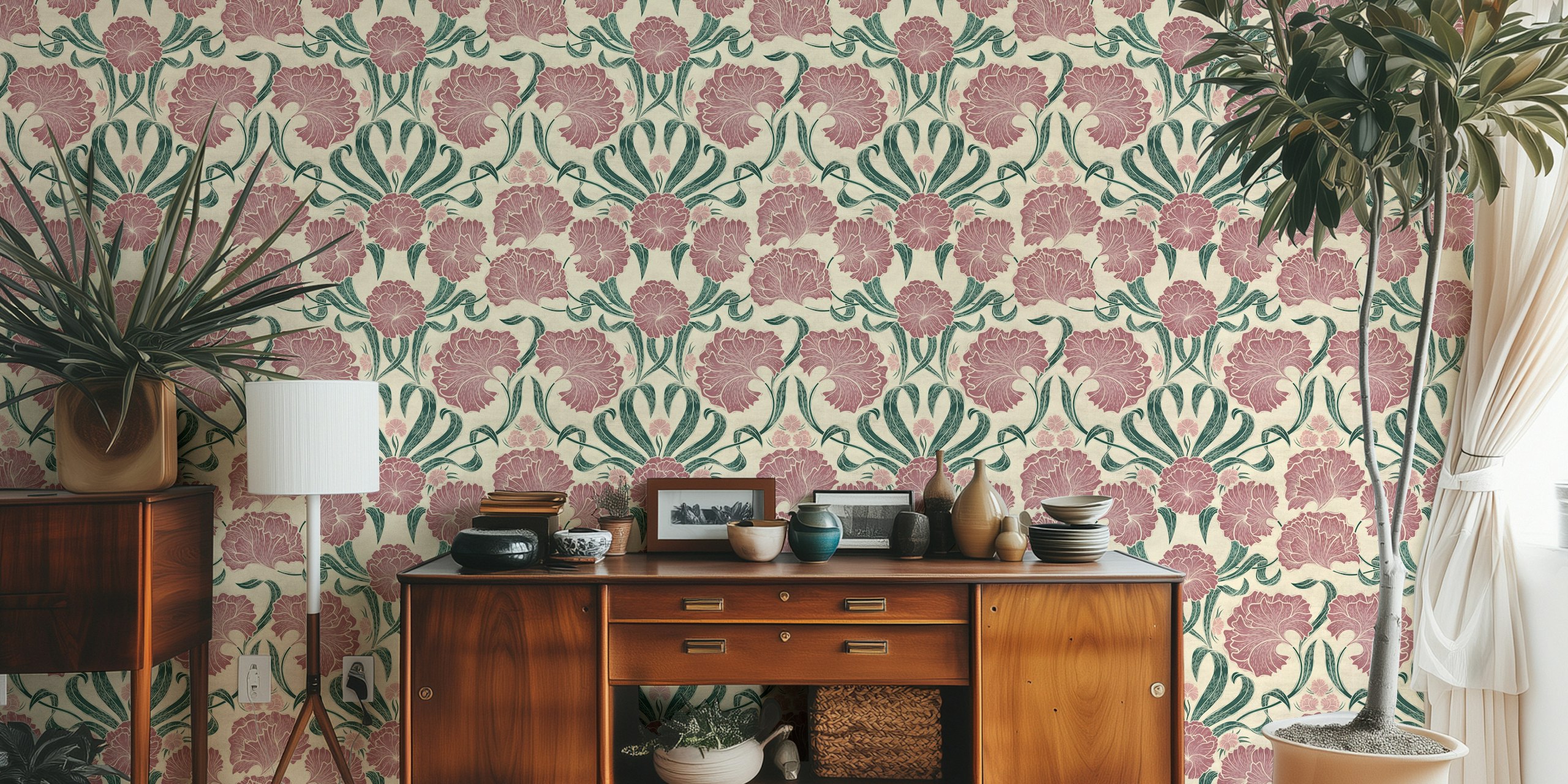 Pink and green botanical floral pattern wallpaper