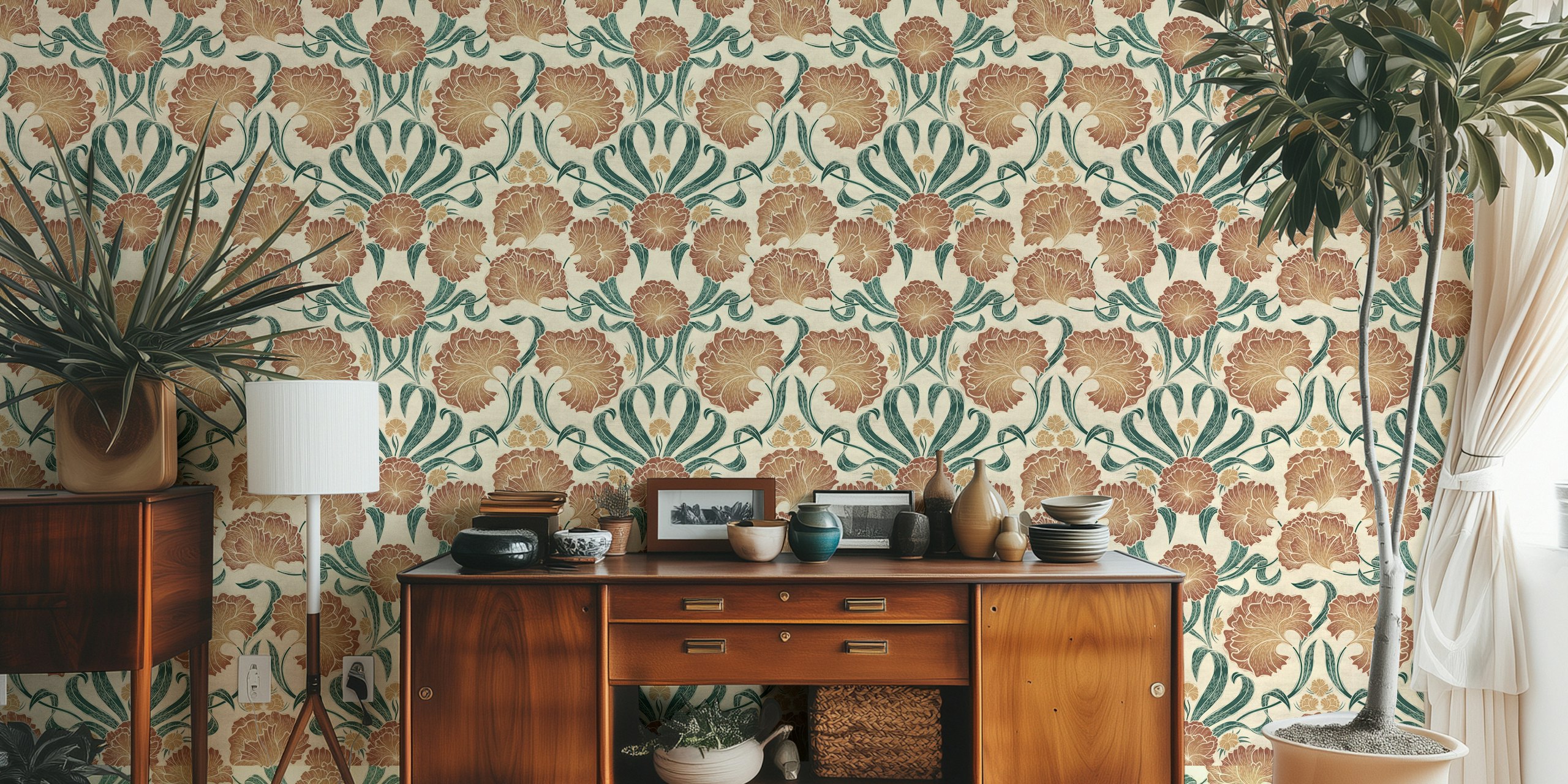 Block Print Antique Botanical Art wallpaper in room