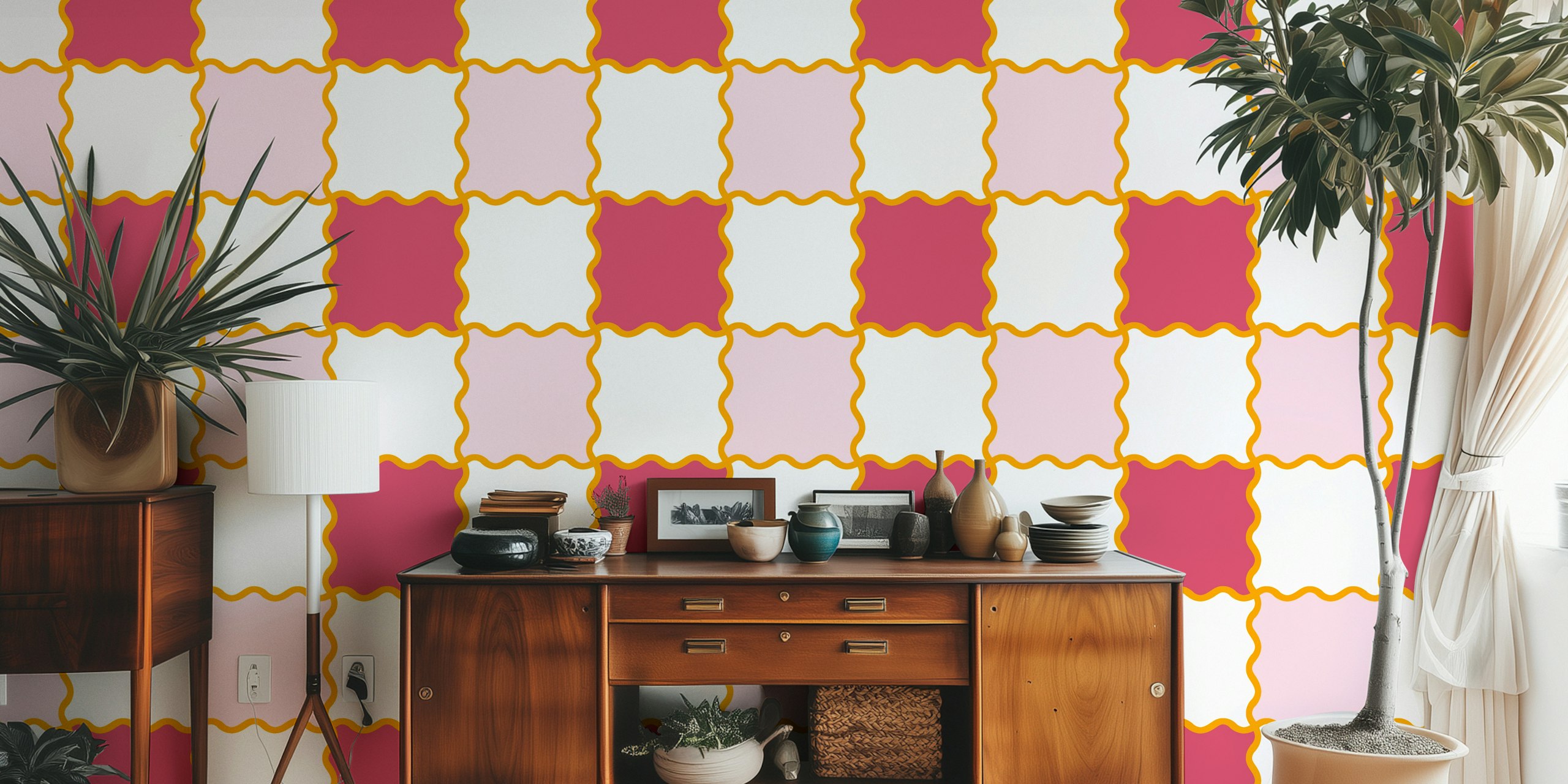 Wavy checker pattern in pink, ruby, and cream wallpaper