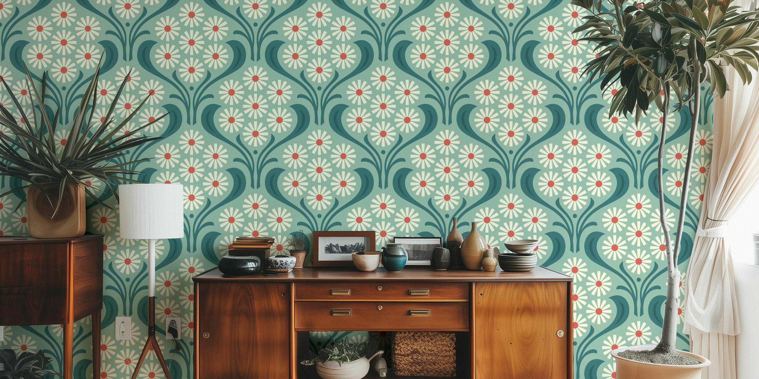 Turquoise floral daisy wallpaper with white petals and red centers