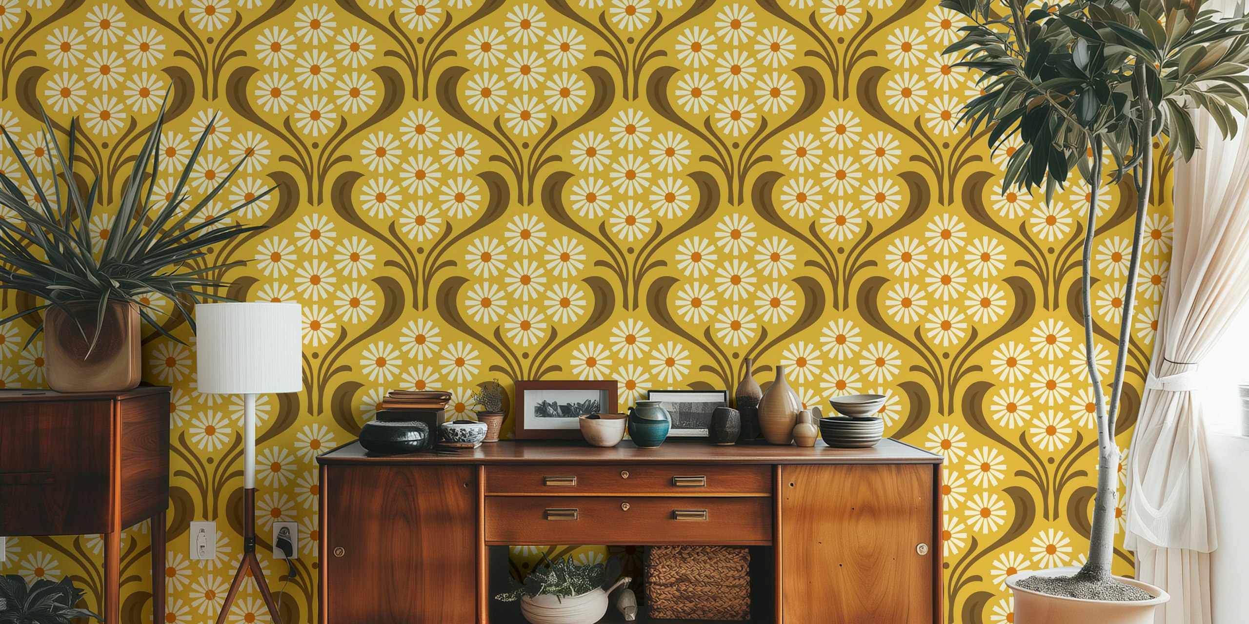 Vintage Daisy Delight in Yellow Tapete in einem Raum