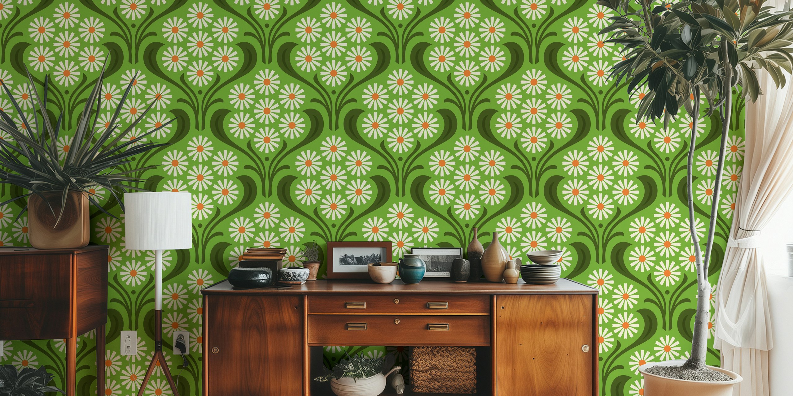 Vintage Daisy Delight in Green papel pintado en una habitación