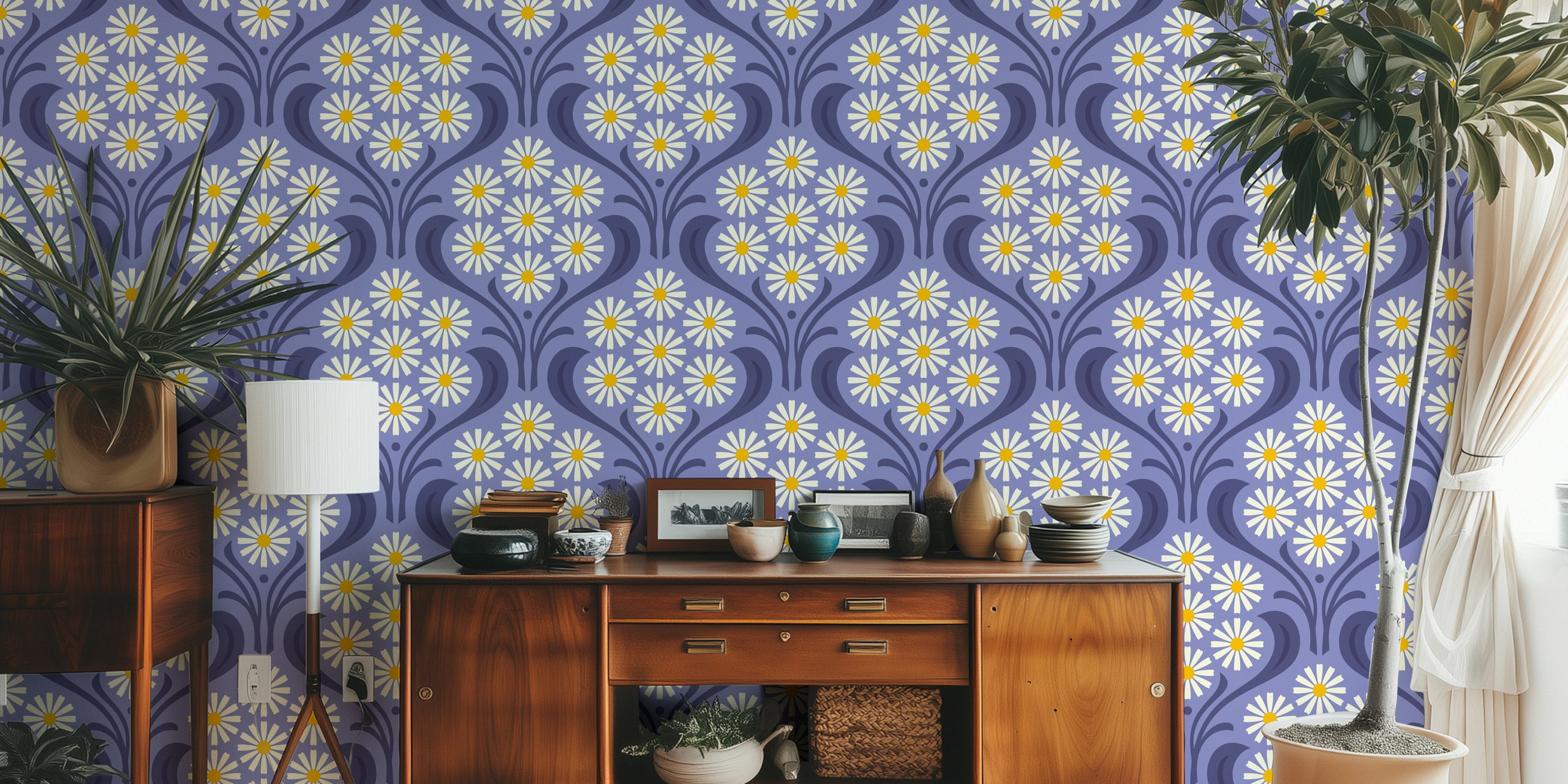 Vintage Daisy Delight Tapete in lila Raumgestaltung