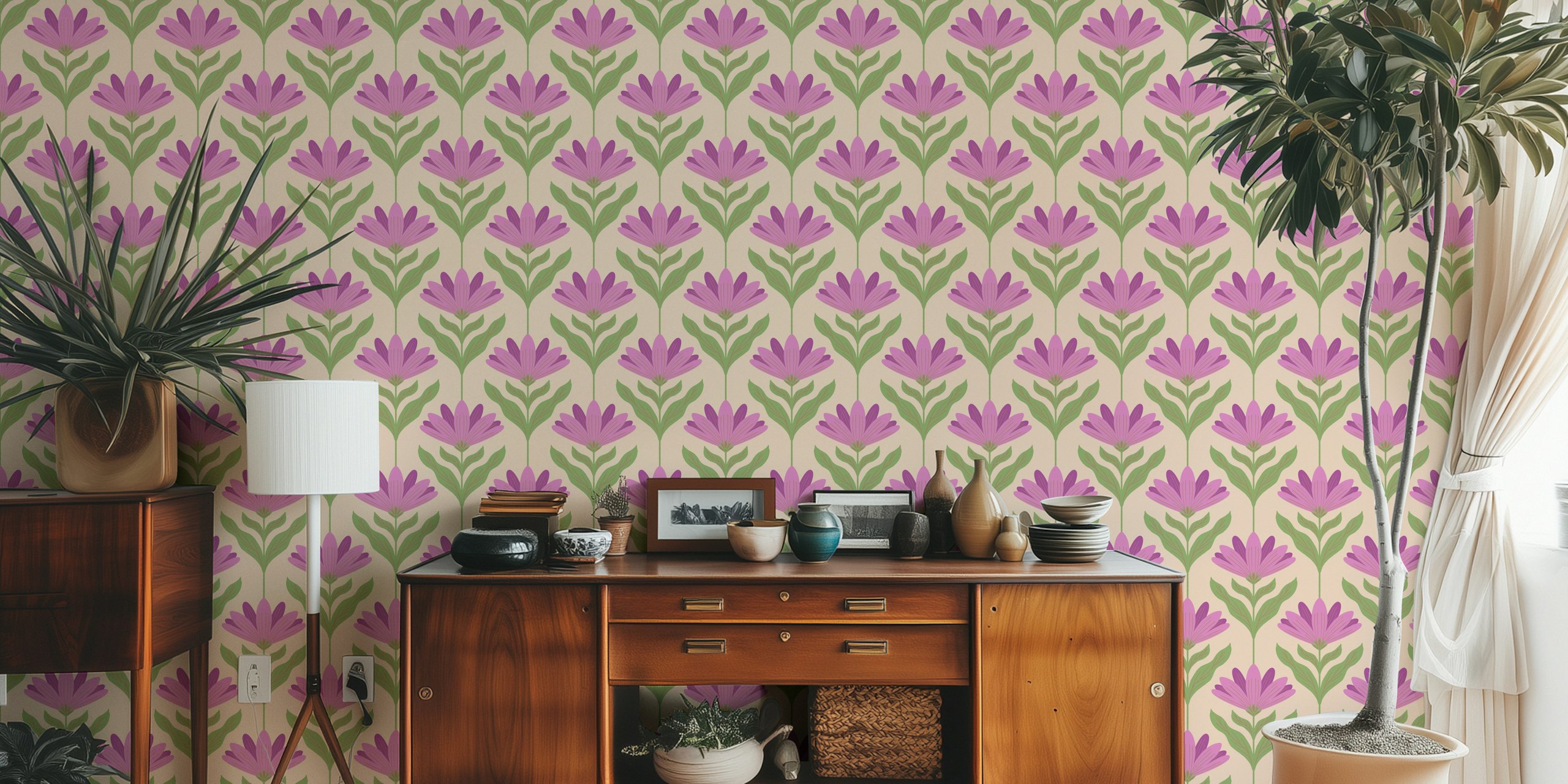 Violet flowers with green leaves on beige background wallpaper