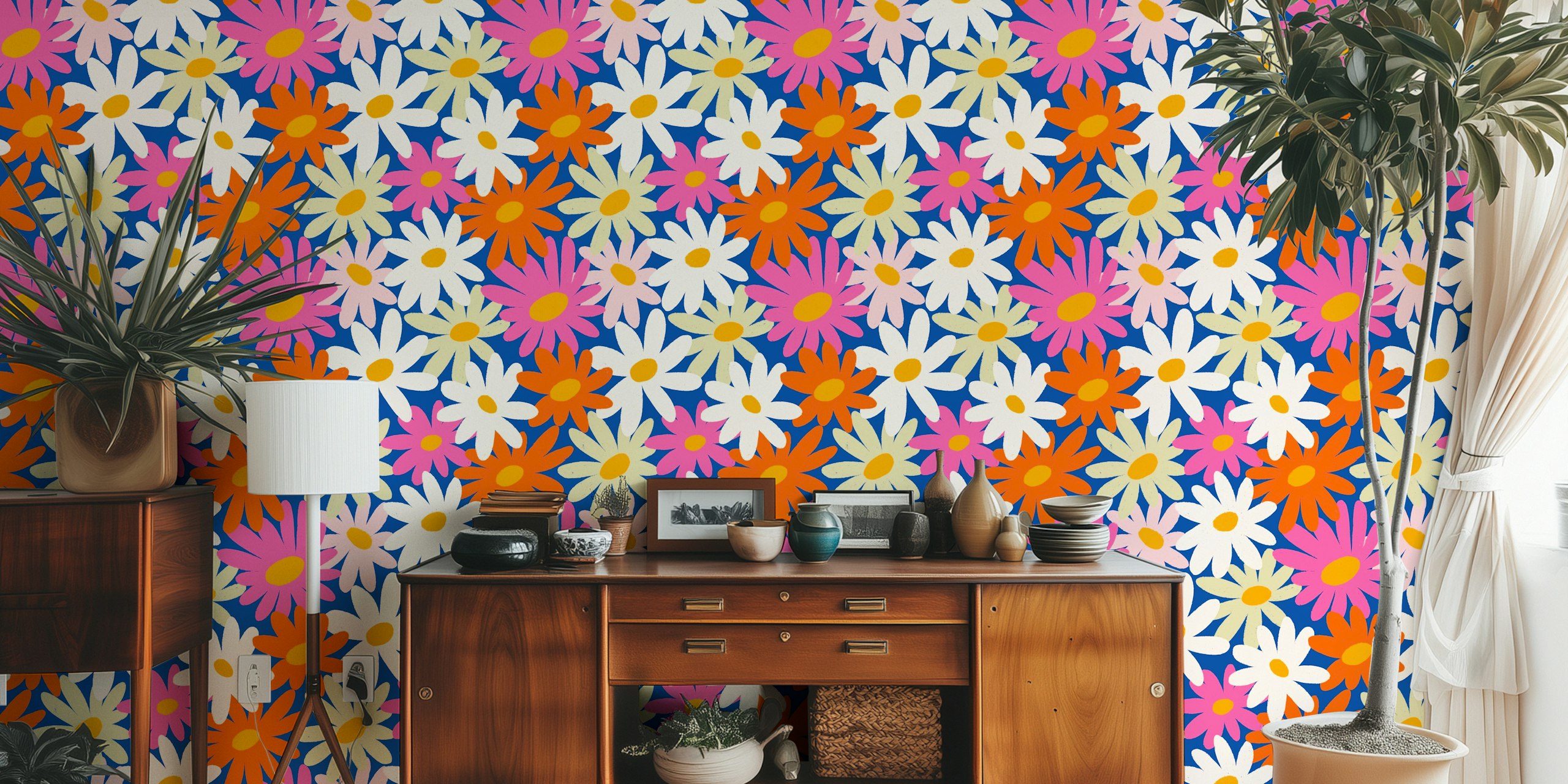 Colorful flower power party wallpaper in a room