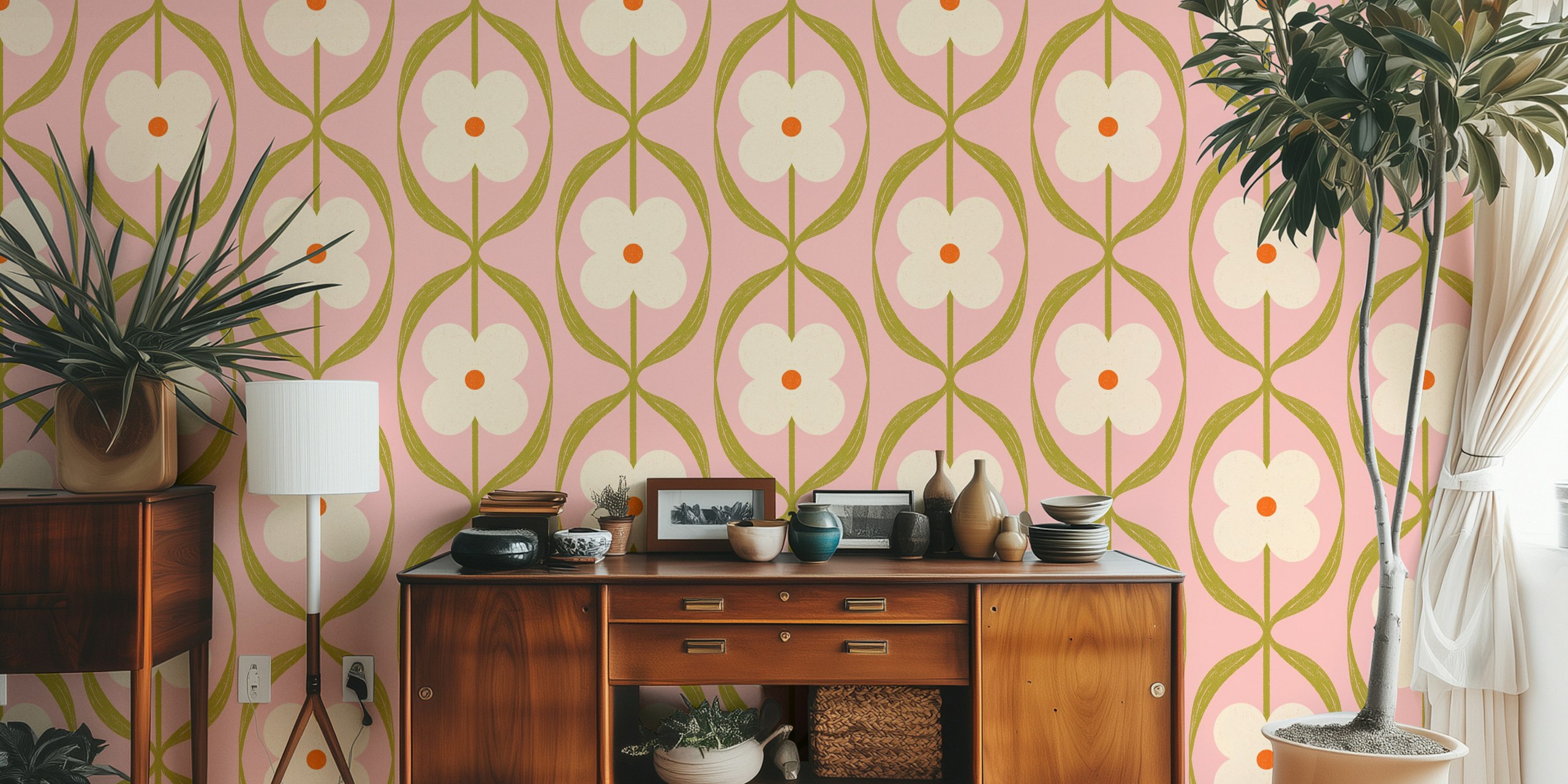 Pink retro daisy flowers with green leaves wallpaper