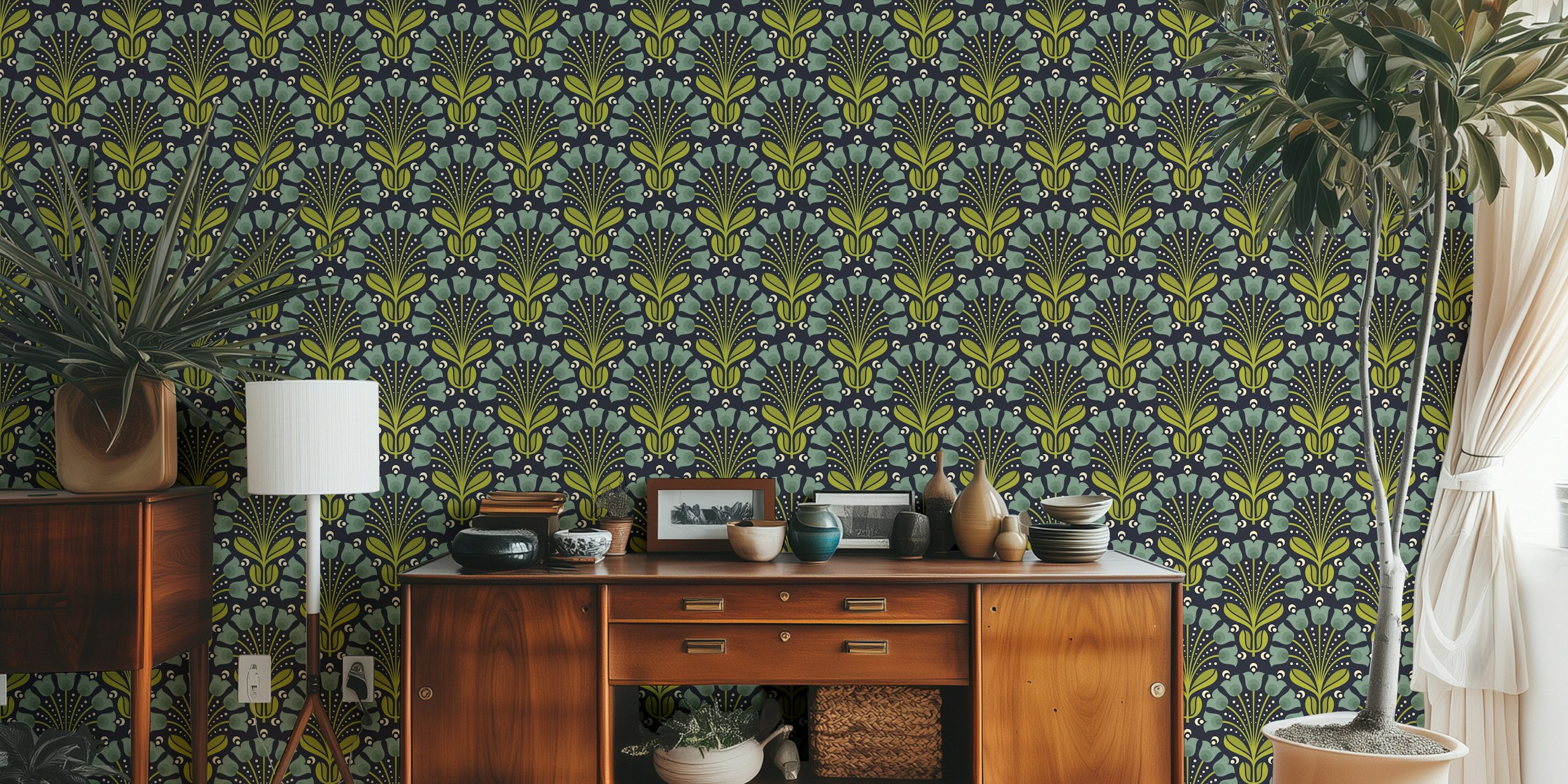 Vintage floral wallpaper featuring teal green flowers and leaves