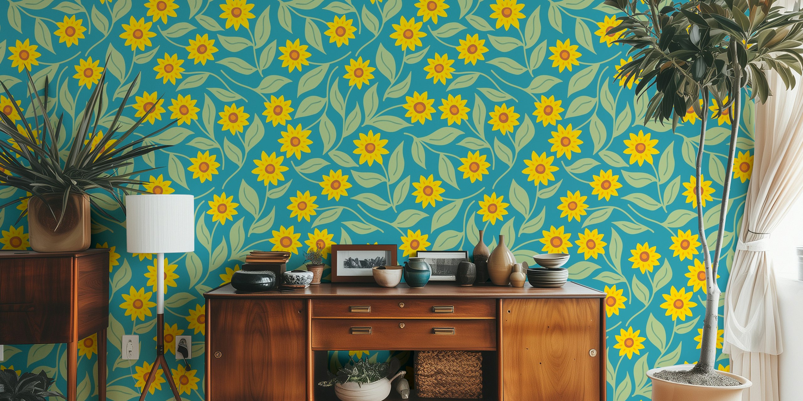 Yellow sunflowers with green leaves on turquoise background wallpaper