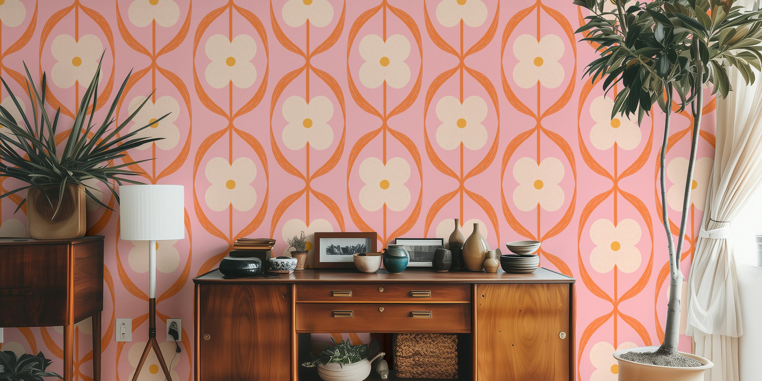 Retro cvjetni wallpaper u Orange i Pink