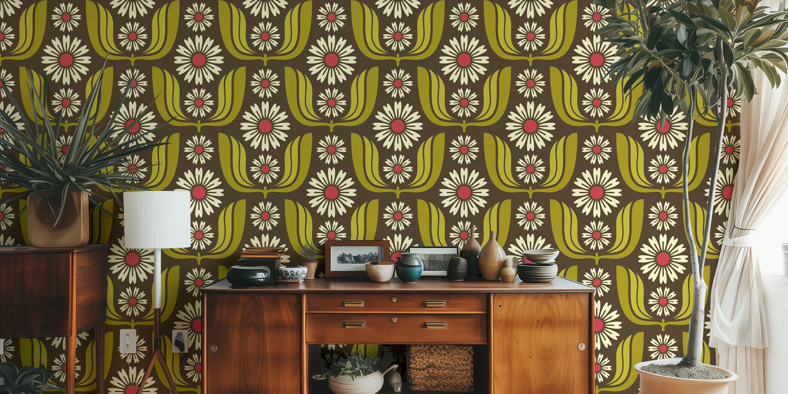 Daisy Bloom Harmony in Green wallpaper in a room