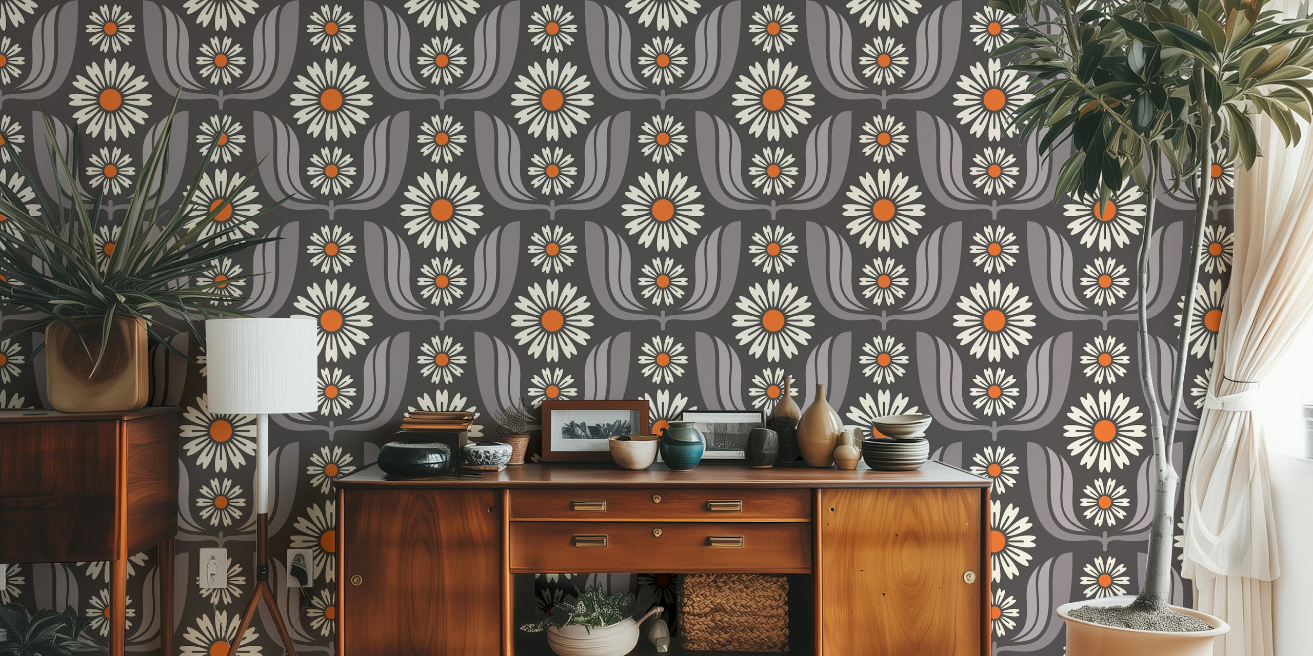 Daisy Bloom Harmony in Gray behang in een kamer