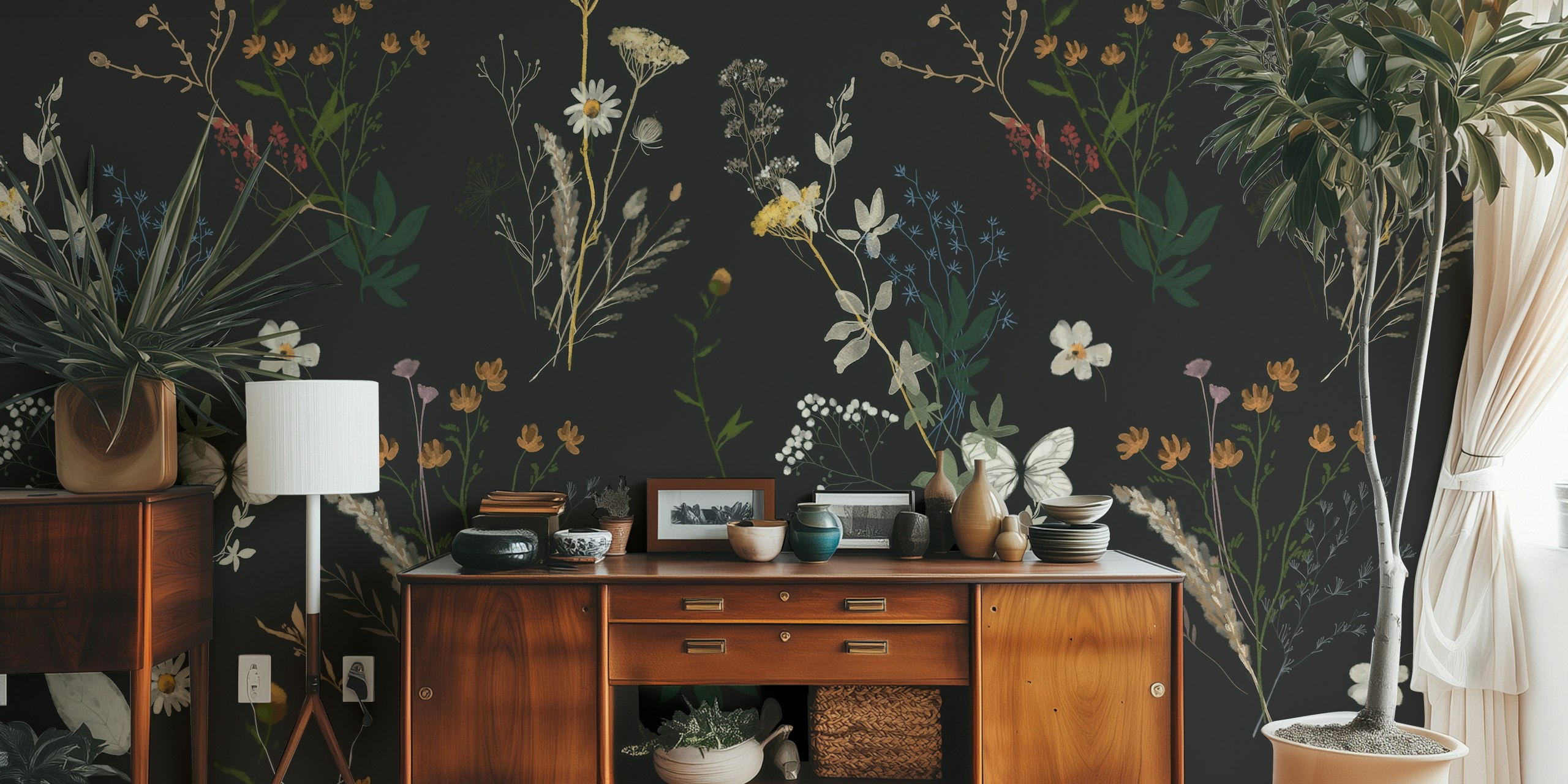 Dark Wildflower Pattern wallpaper in a room