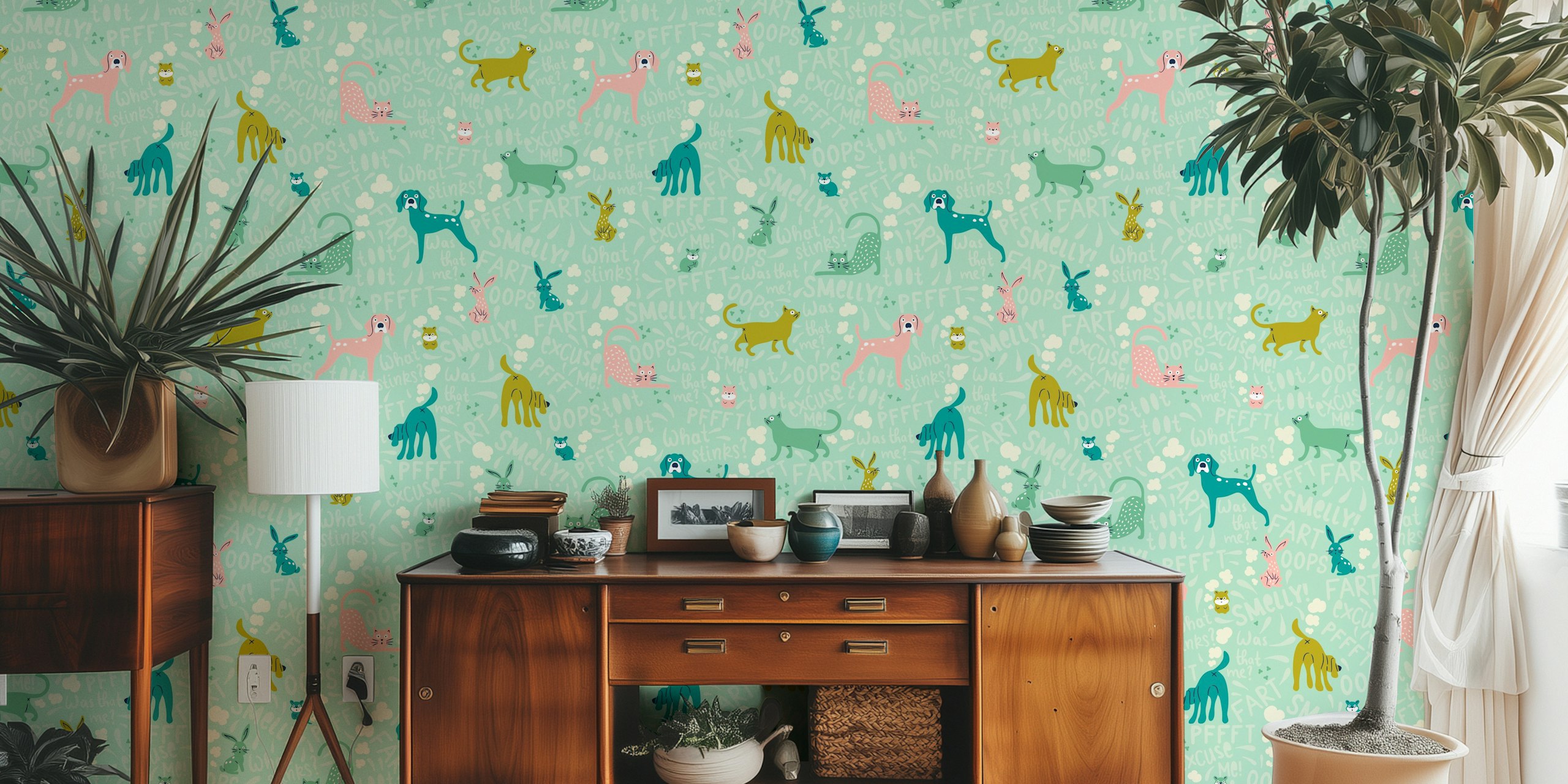 Farting pets wallpaper in a cozy room