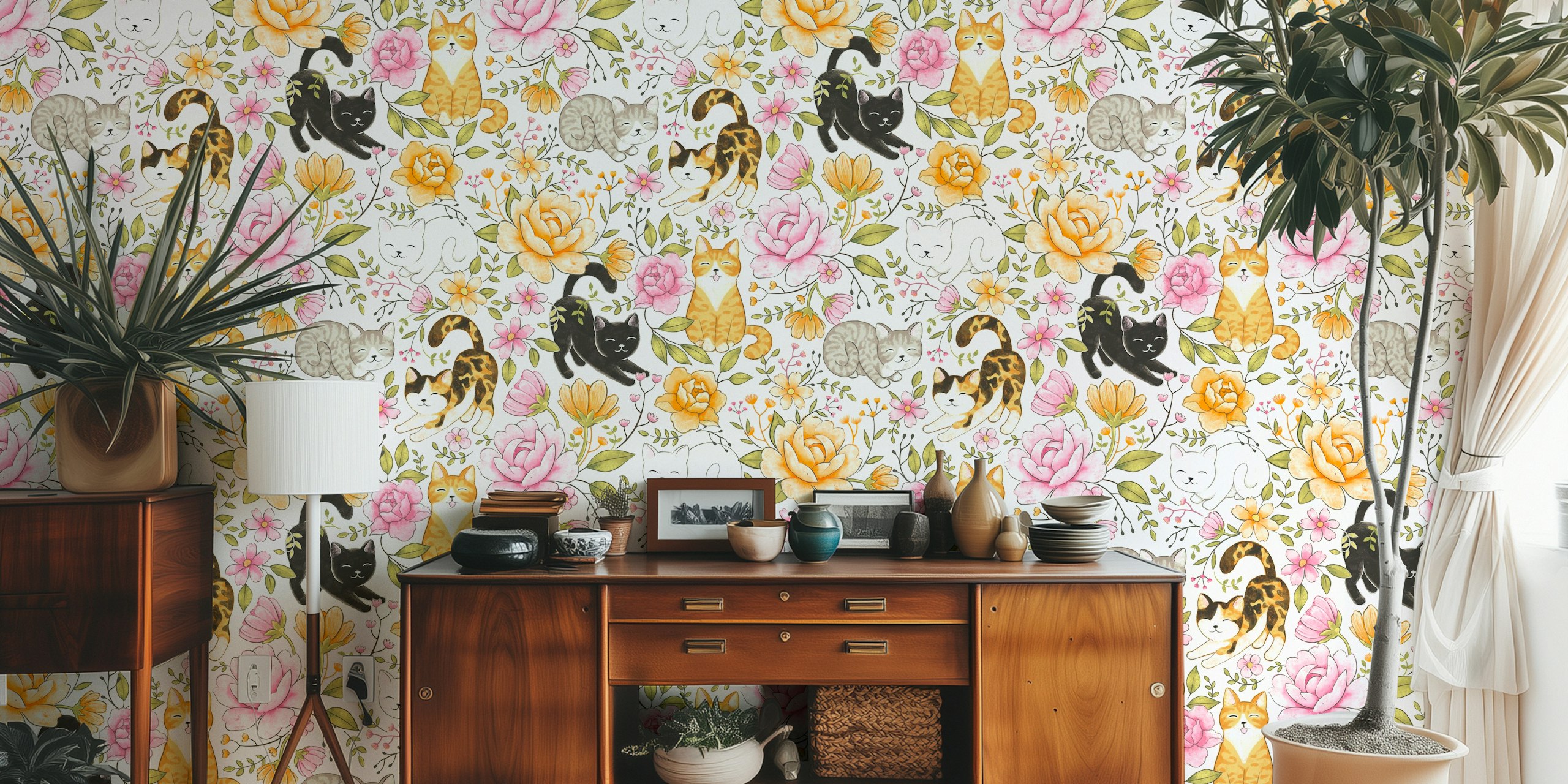 Cottage Cat Coquette wallpaper in a room