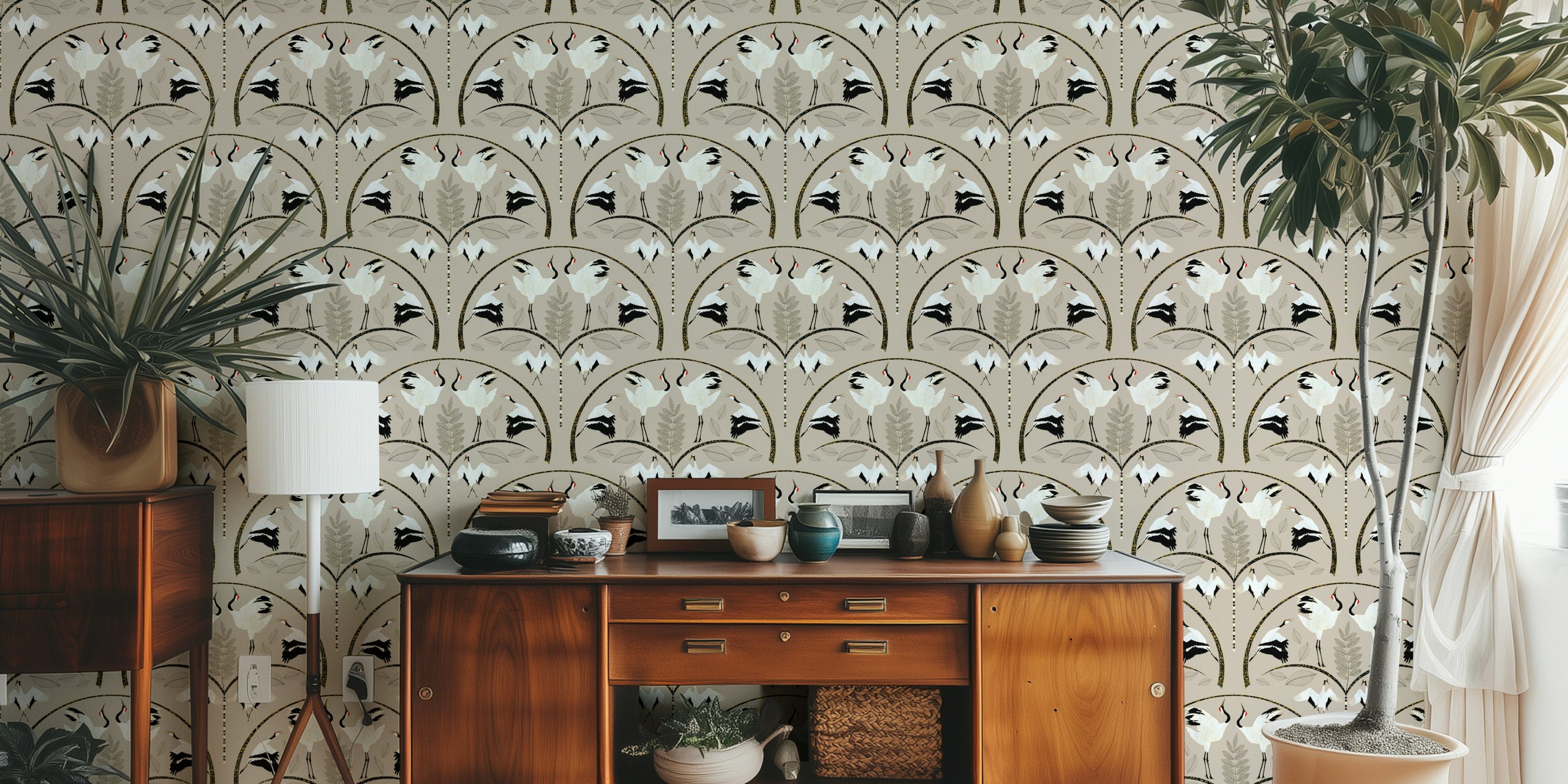 Papel de parede Art Deco Cranes em um quarto