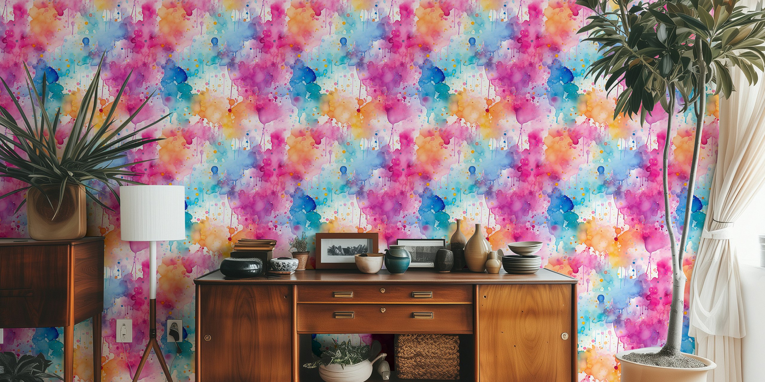 Colorful abstract watercolor splash wallpaper with pink, blue, yellow, and purple hues.