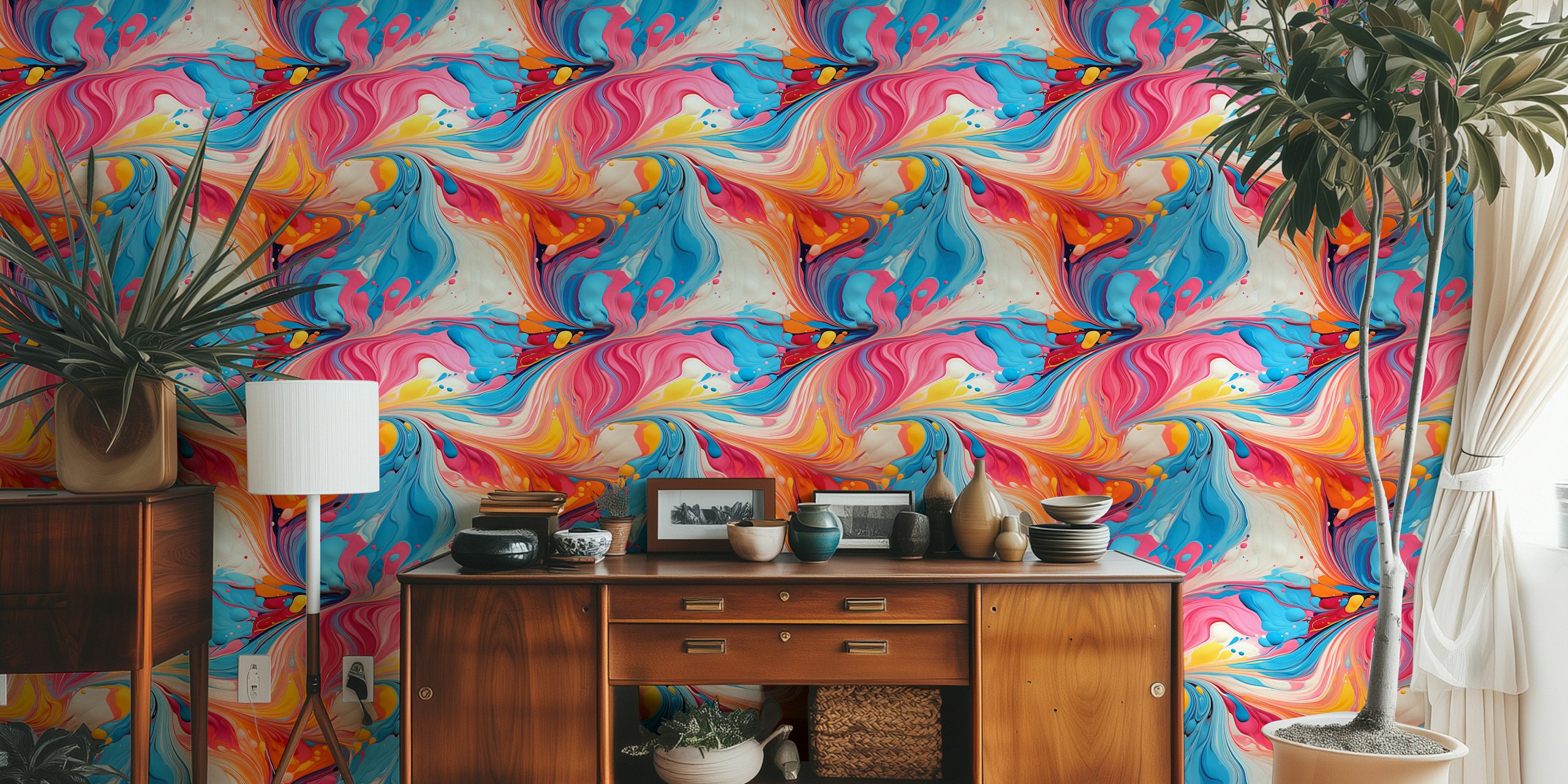 Swirling Color Fusion wallpaper in a room setting