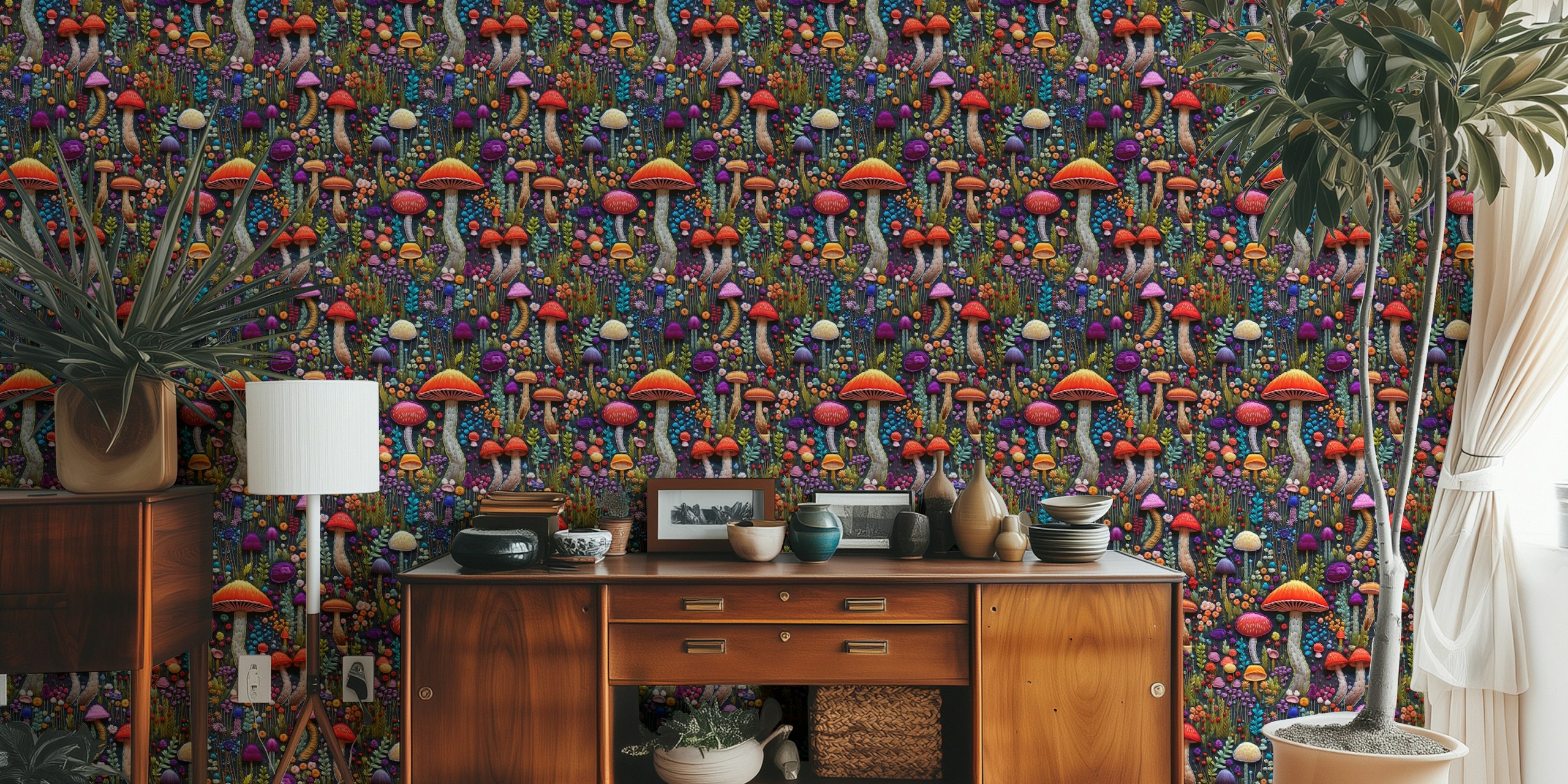 Colorful Fantasy Fungi wallpaper in a room
