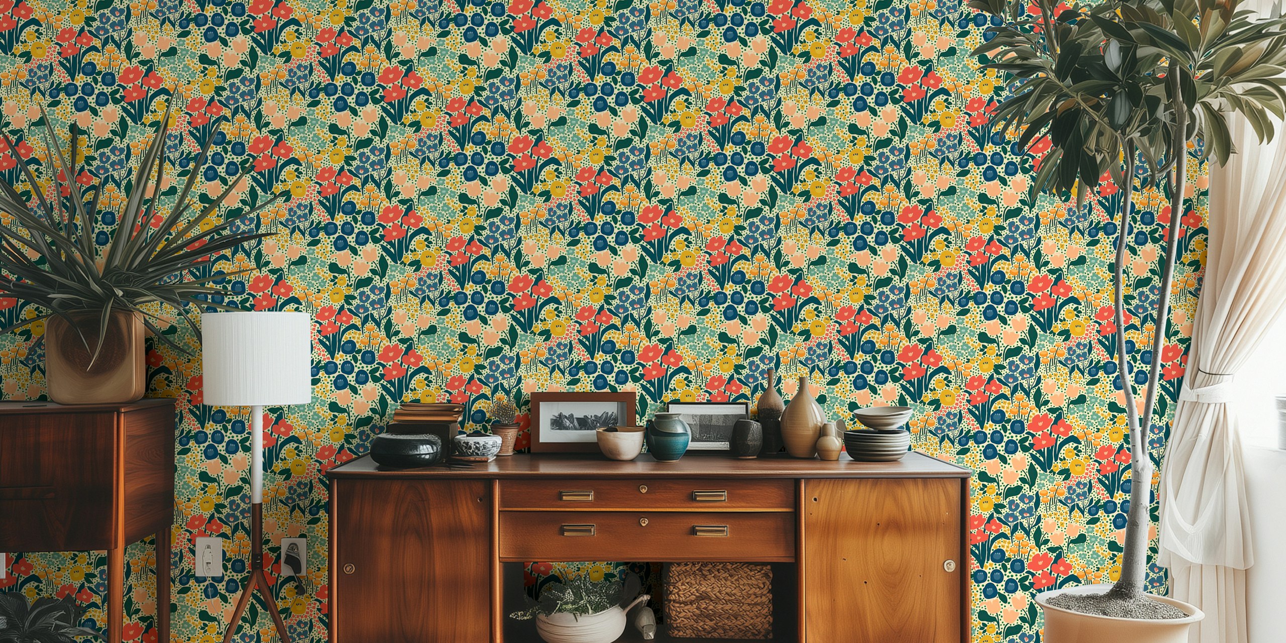 Colorful floral patterns with red and blue flowers on cream wallpaper