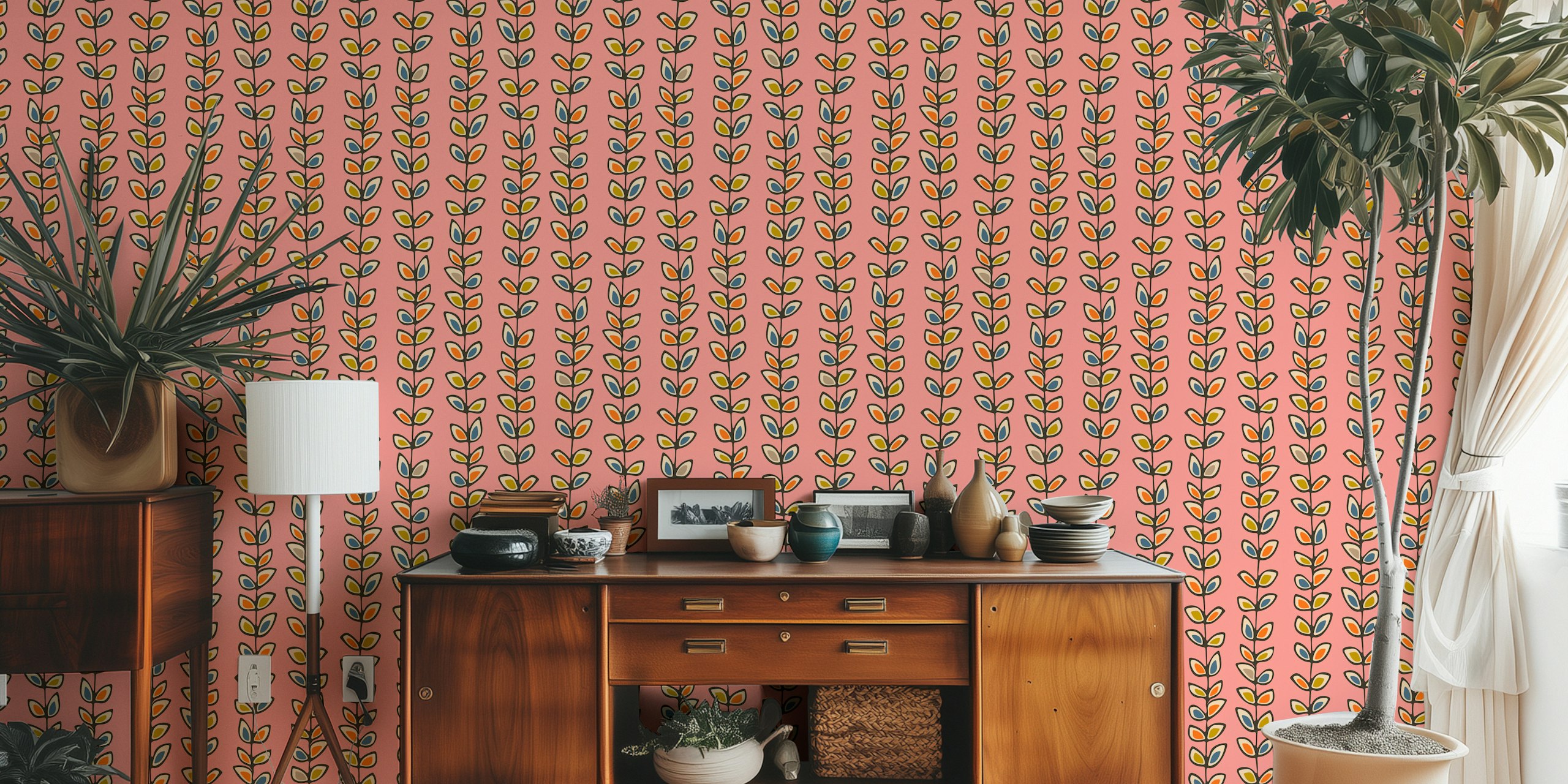 Climbing Vines Stripe Retro Leaves Pink wallpaper in room
